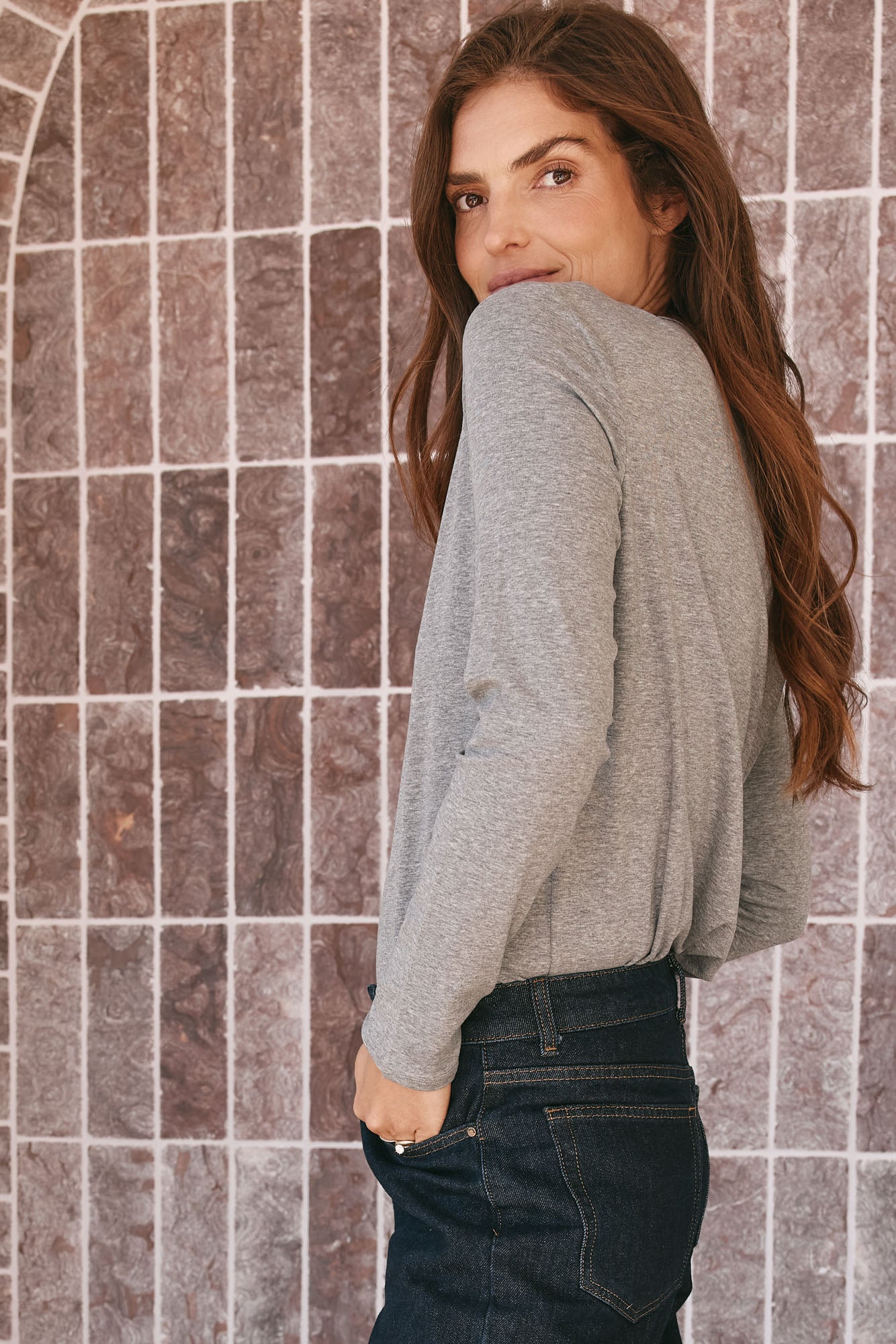 Basic Long Sleeve Top - Dark Grey in a soft knit with a relaxed crew neck, perfect for layering with womens casual clothes.