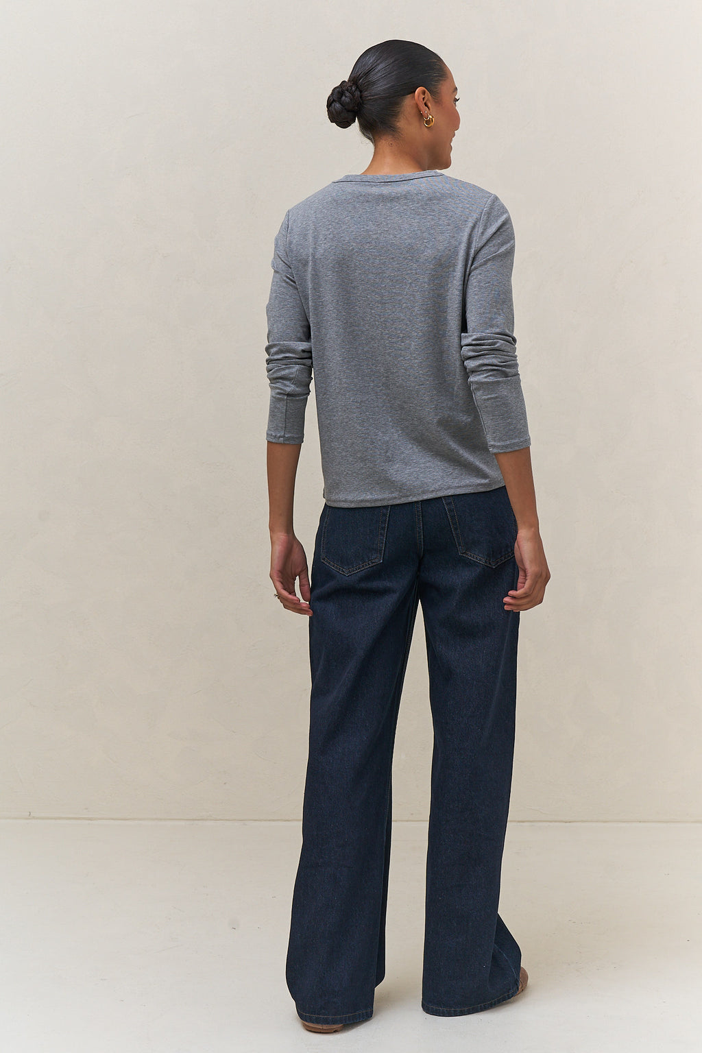 Basic Long Sleeve Top - Dark Grey in a soft, loose knit with extra ease at the crew neck and sleeves, perfect for layering.