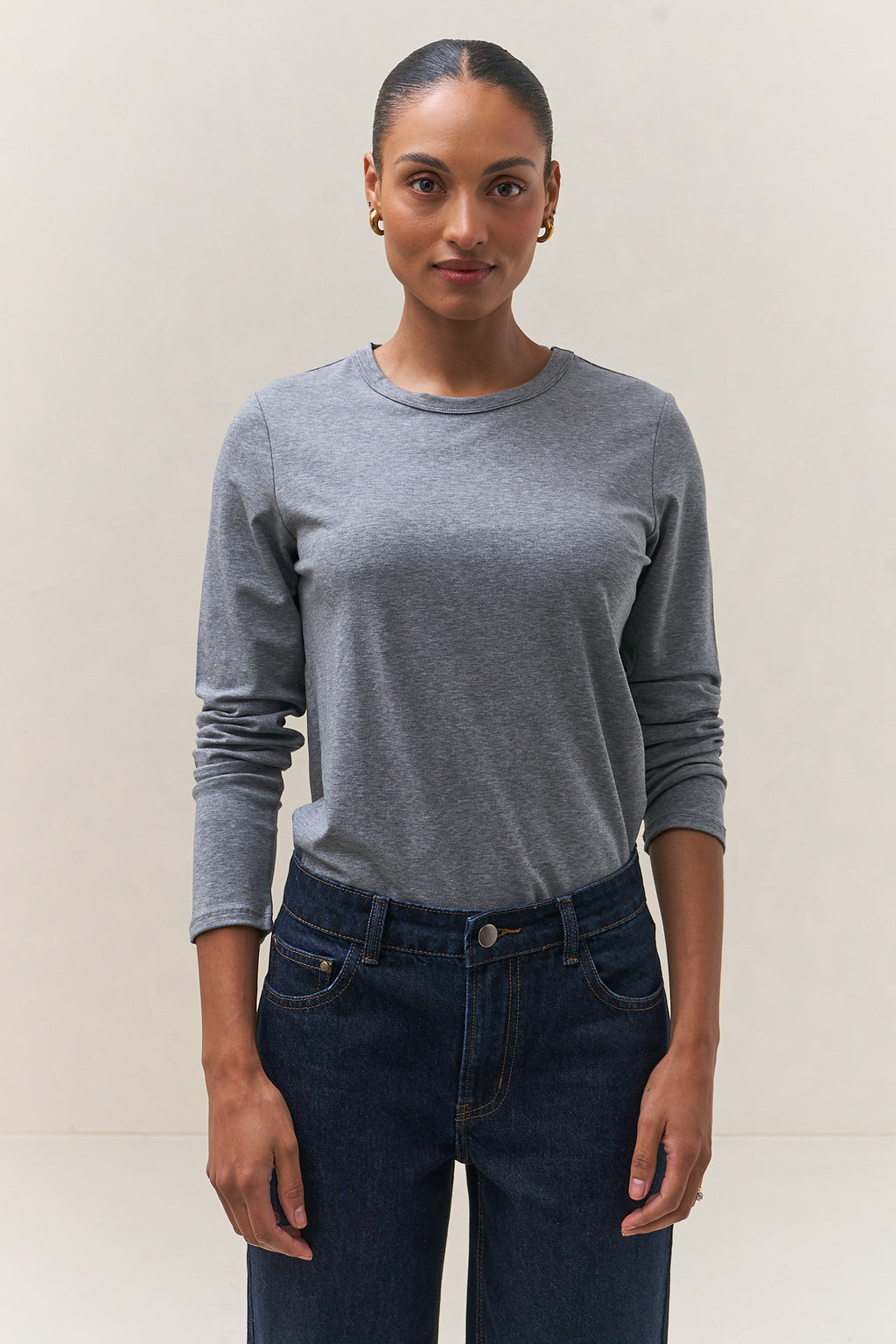 Basic Long Sleeve Top - Dark Grey in a soft, looser-knit fabric with a relaxed crew neck for easy layering.
