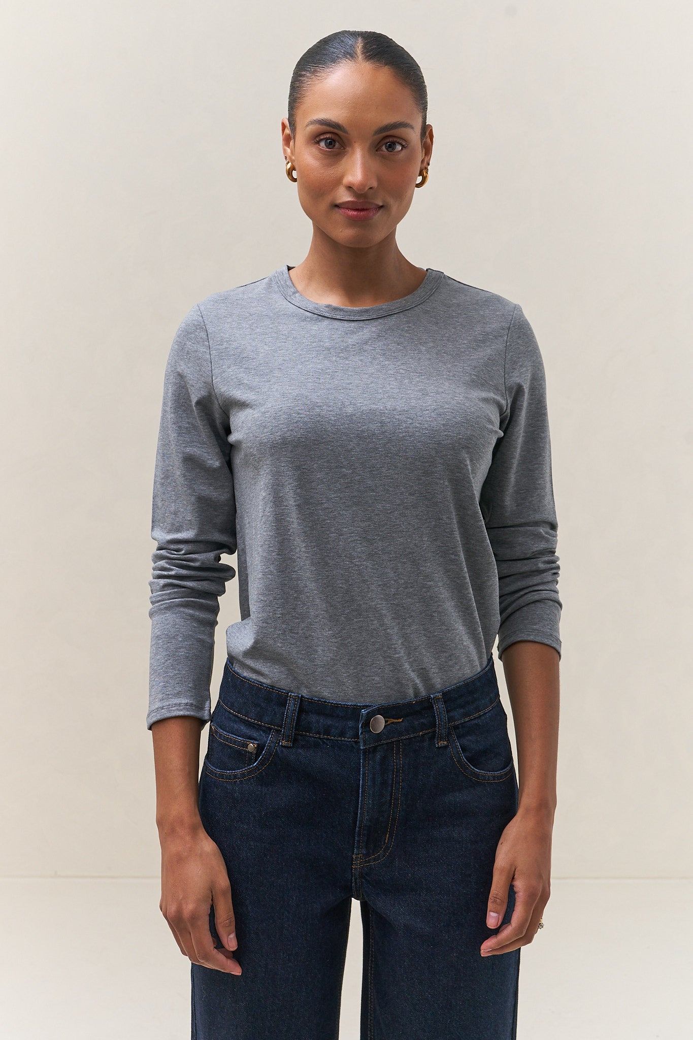 Basic Long Sleeve Top - Dark Grey in a soft, looser-knit fabric with a relaxed crew neck for easy layering.