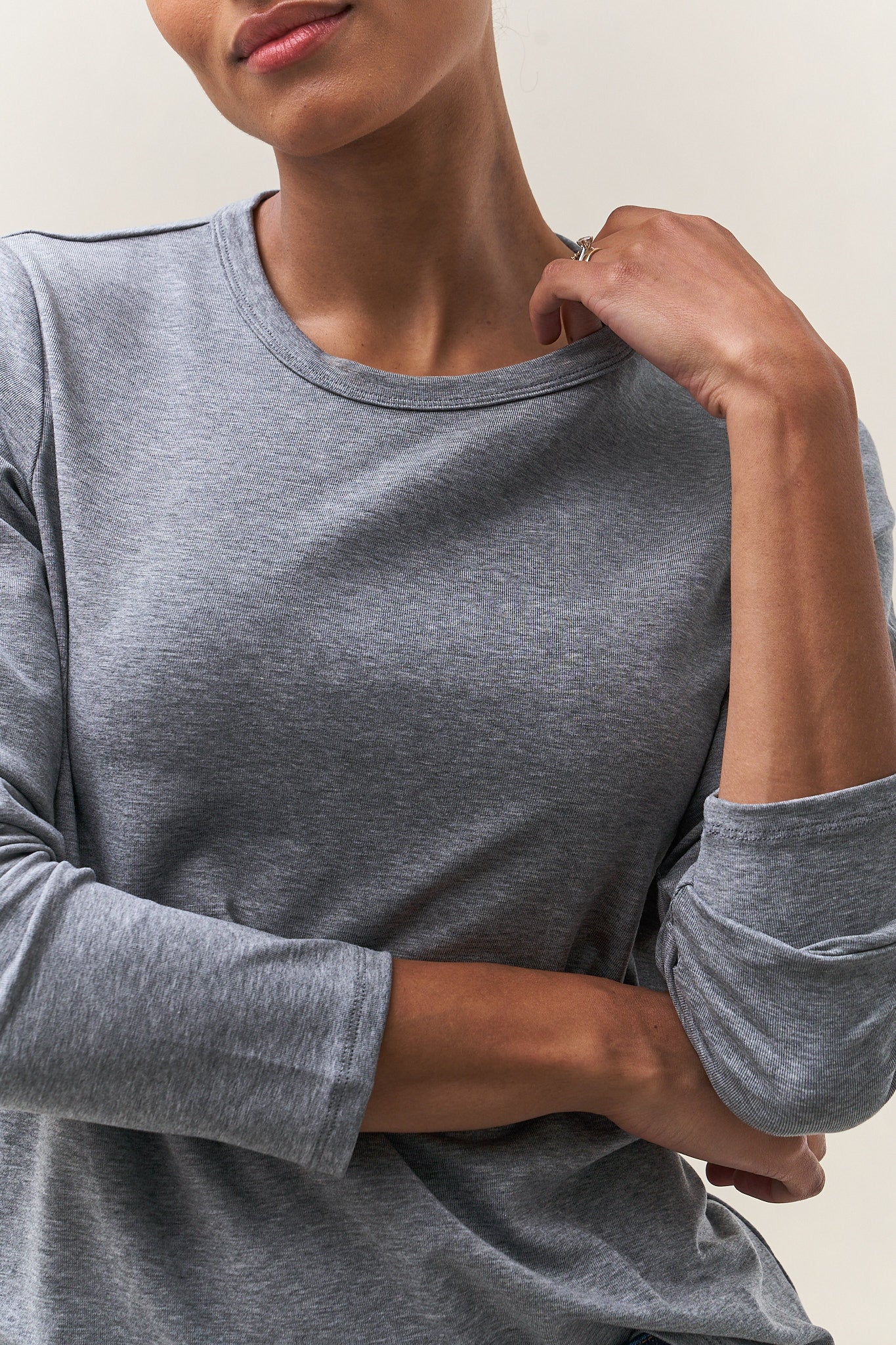 Basic Long Sleeve Top - Dark Grey in a soft knit with a relaxed crew neck and extra ease for layering comfort.