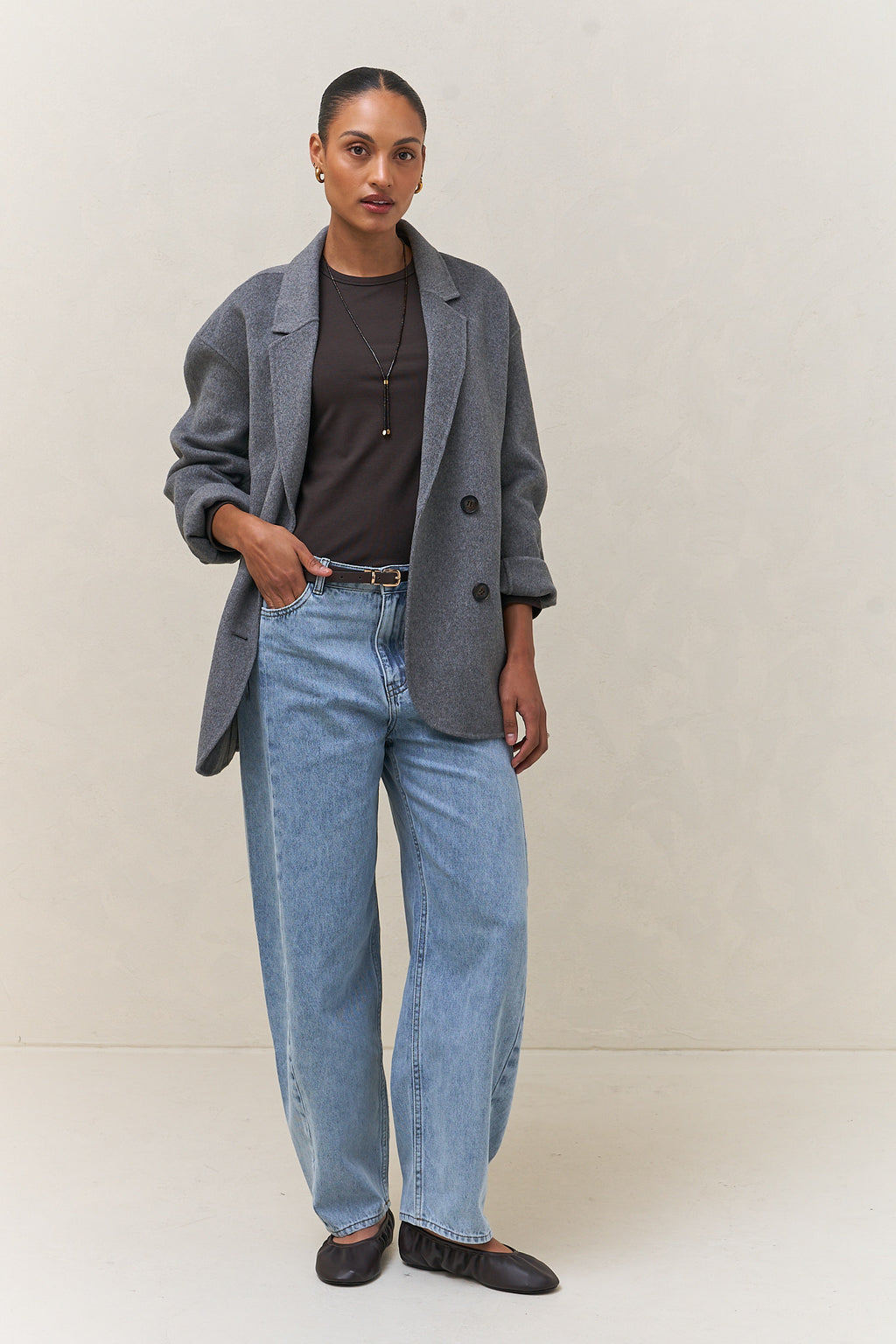 Basic Long Sleeve Top - Chocolate in a soft, loose-knit fabric with extra room at the crew neck and sleeves for easy layering.