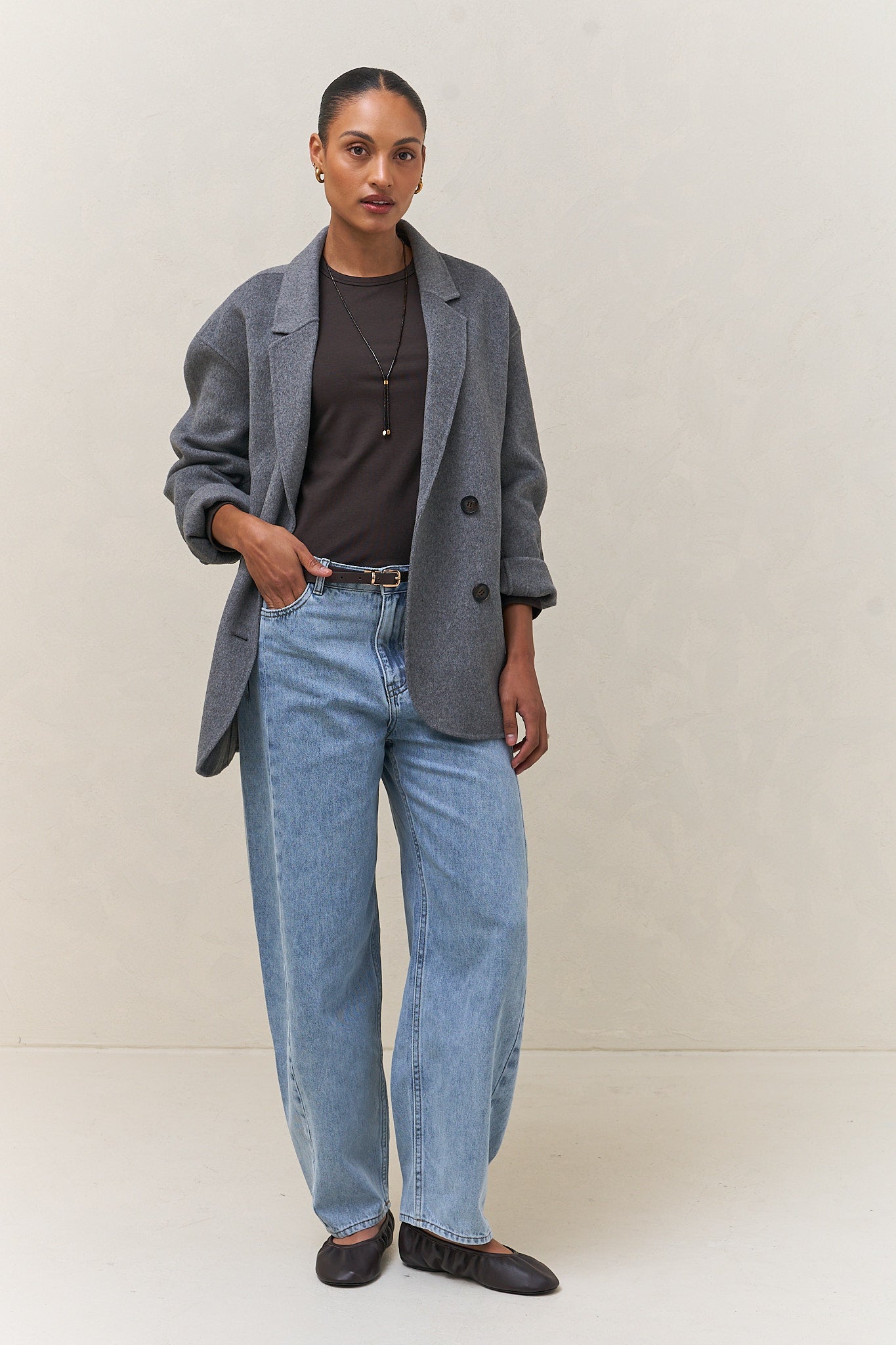 Basic Long Sleeve Top - Chocolate in a soft, loose-knit fabric with extra room at the crew neck and sleeves for easy layering.