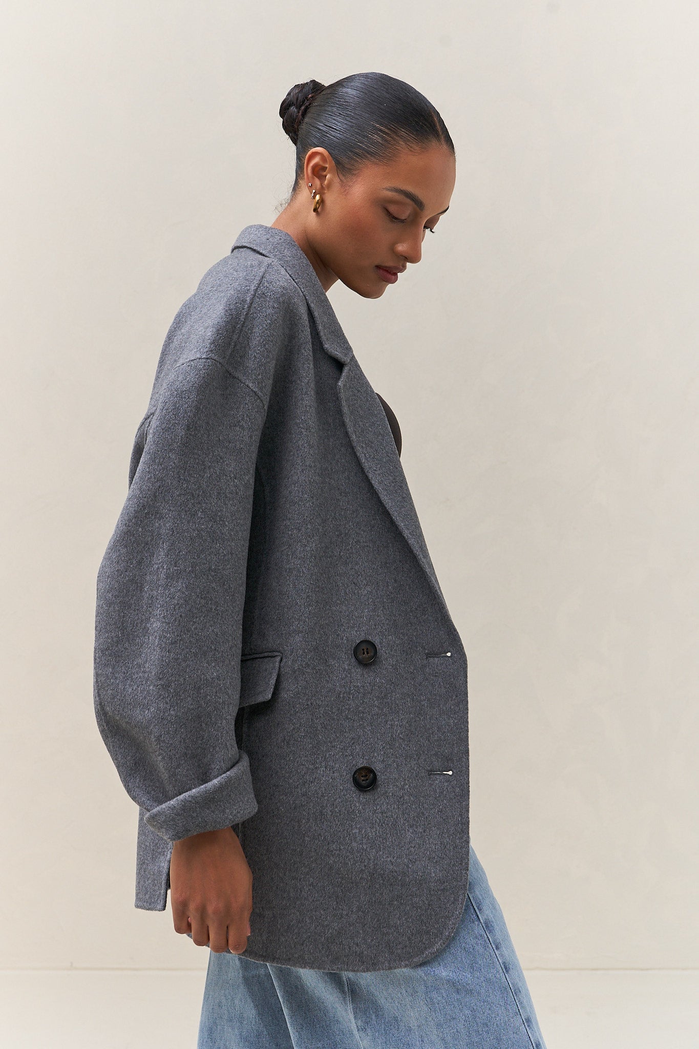 Double Breasted Wool Blazer - Charcoal in soft wool with a relaxed fit and clean lines for a laid-back, polished vibe.