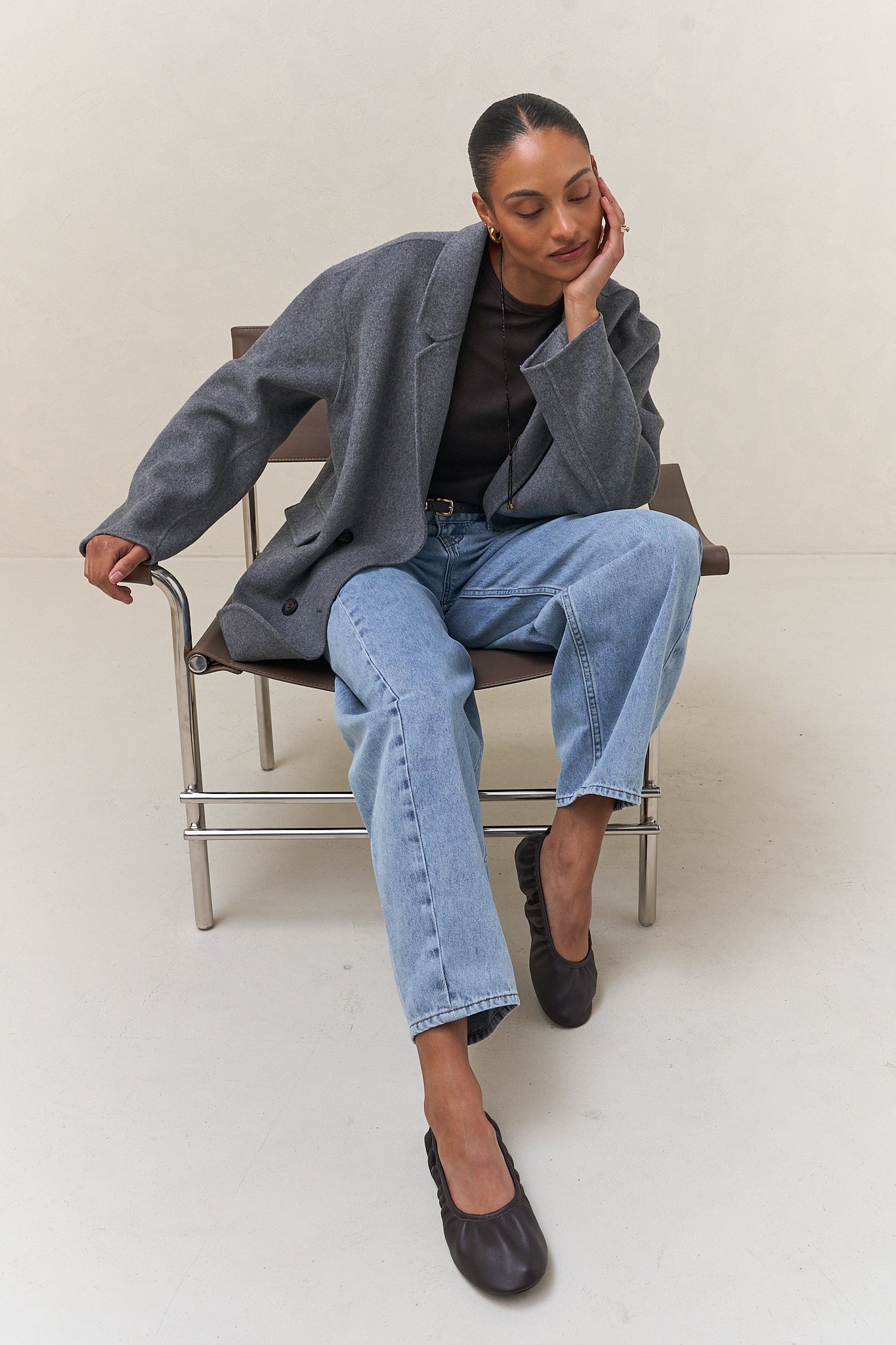 Double Breasted Wool Blazer - Charcoal with a relaxed fit and soft wool fabric for versatile layering.