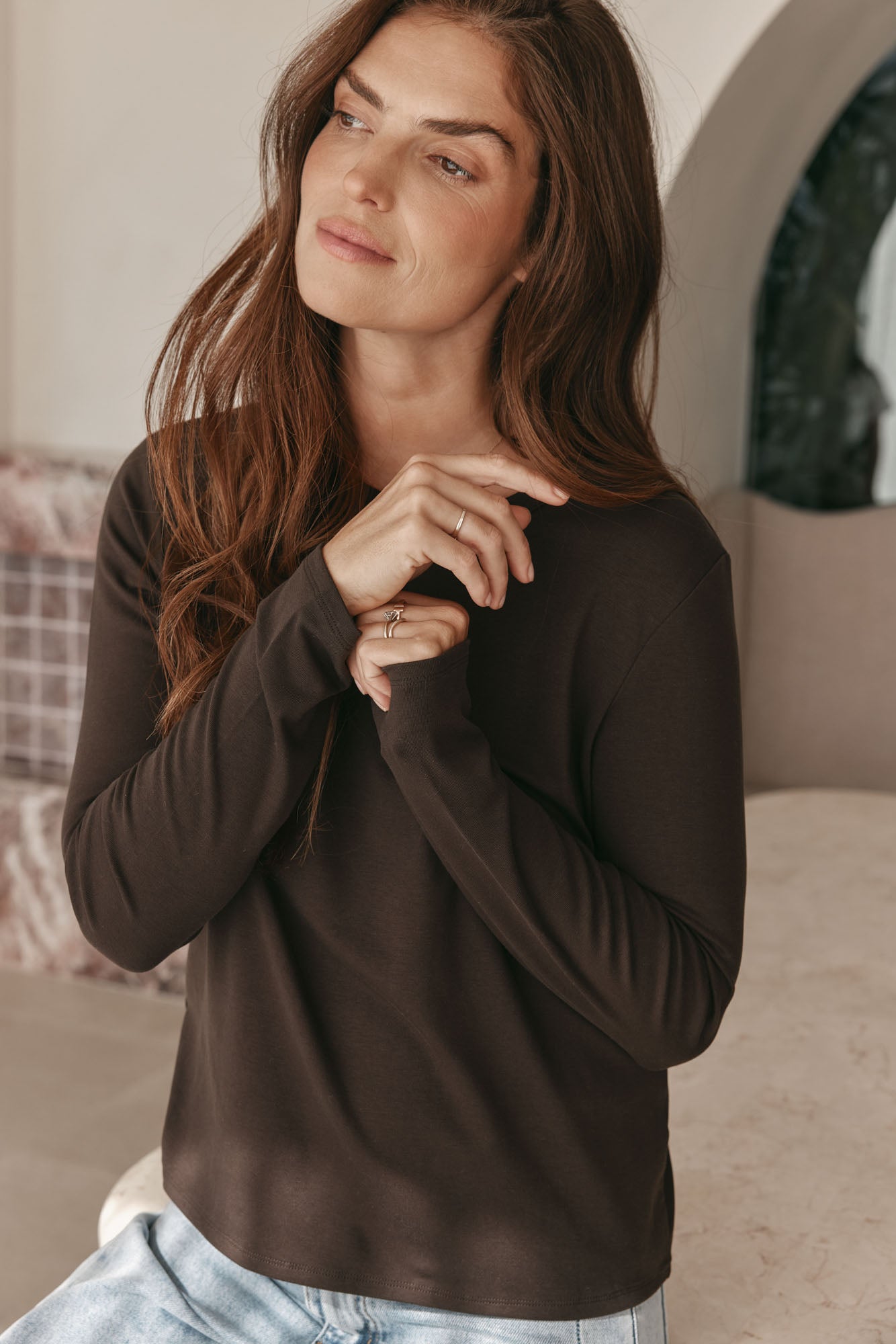 Basic Long Sleeve Top - Chocolate in a soft, loose knit with extra ease around the crew neck and sleeves for easy layering.