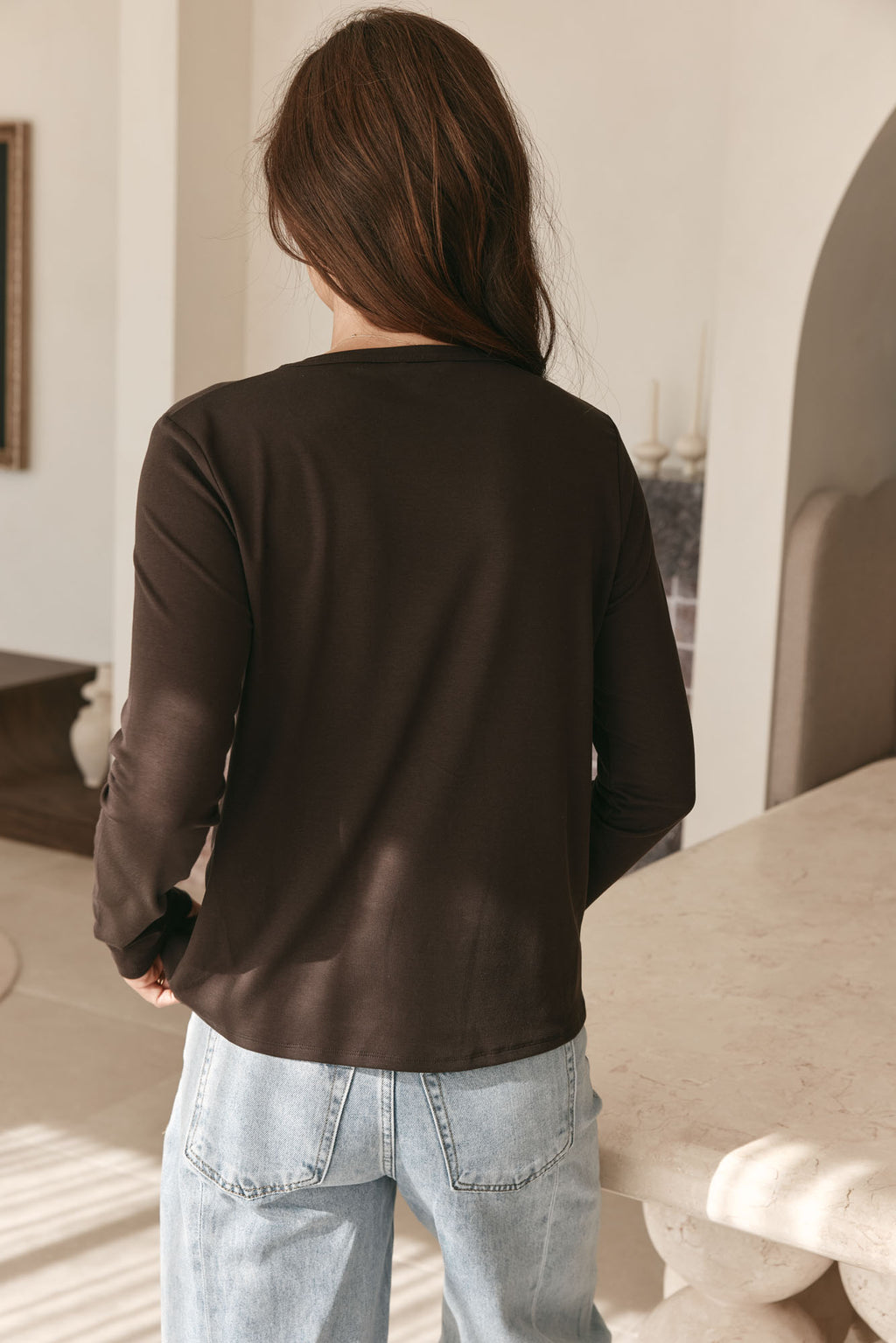 Basic Long Sleeve Top - Chocolate in a soft, relaxed knit with a loose crew neck for easy layering and lasting comfort