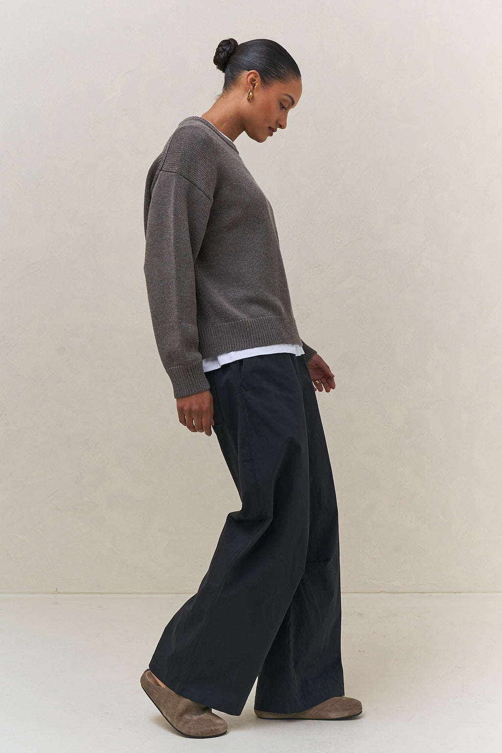 Merino Cotton Crew Jumper - Squirrel in a soft brown knit with a relaxed fit, blending merino wool and cotton for lasting comfort.