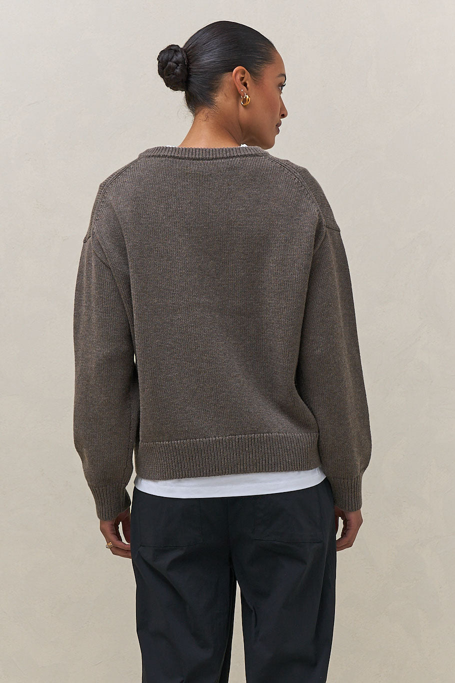 Merino Cotton Crew Jumper - Squirrel in a soft brown knit combining durable merino wool and cotton for comfortable womens knitwear.
