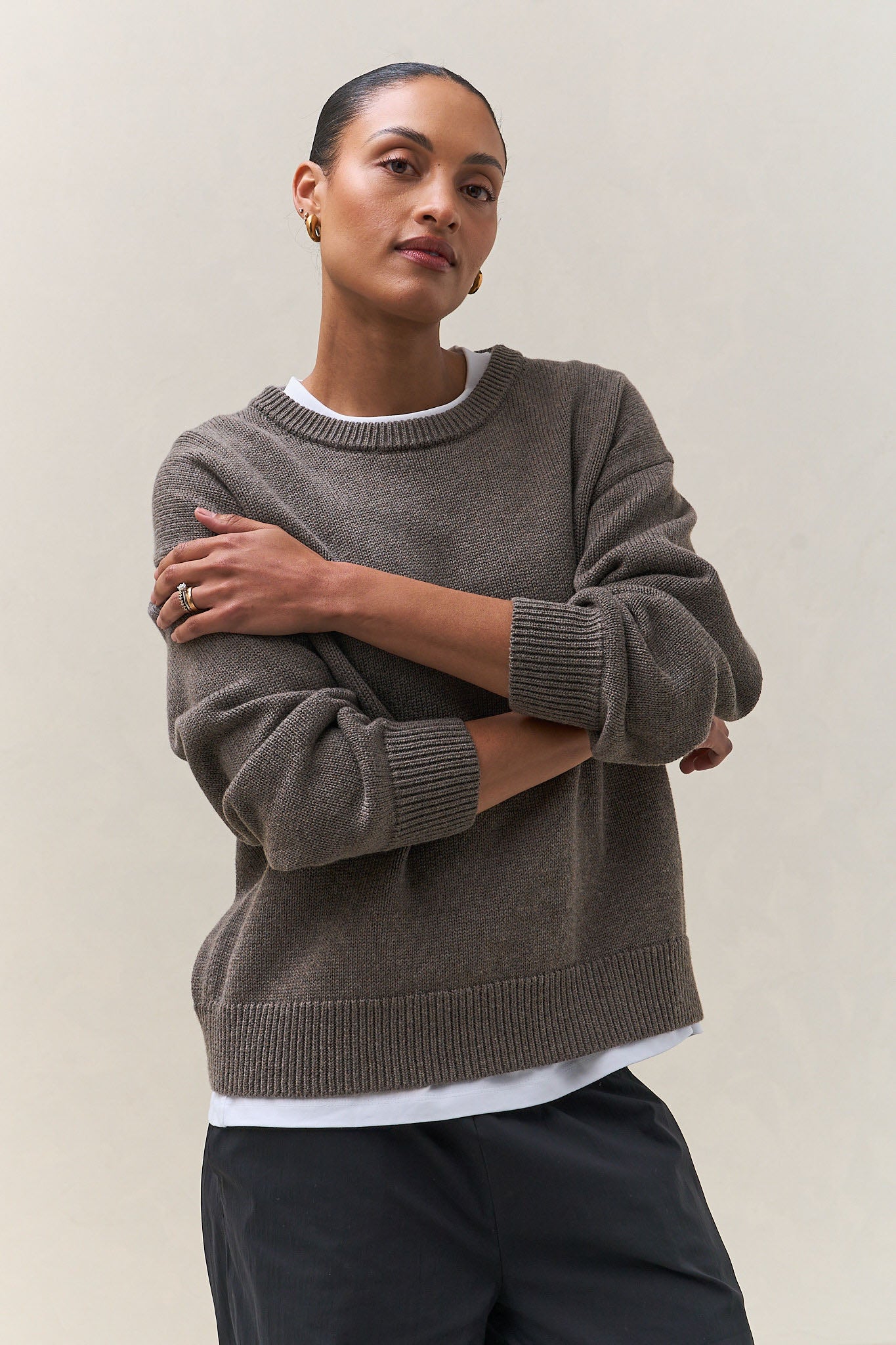 Merino Cotton Crew Jumper - Squirrel in a soft knit blend of merino wool and cotton with a relaxed fit and ribbed trim for a cozy feel.