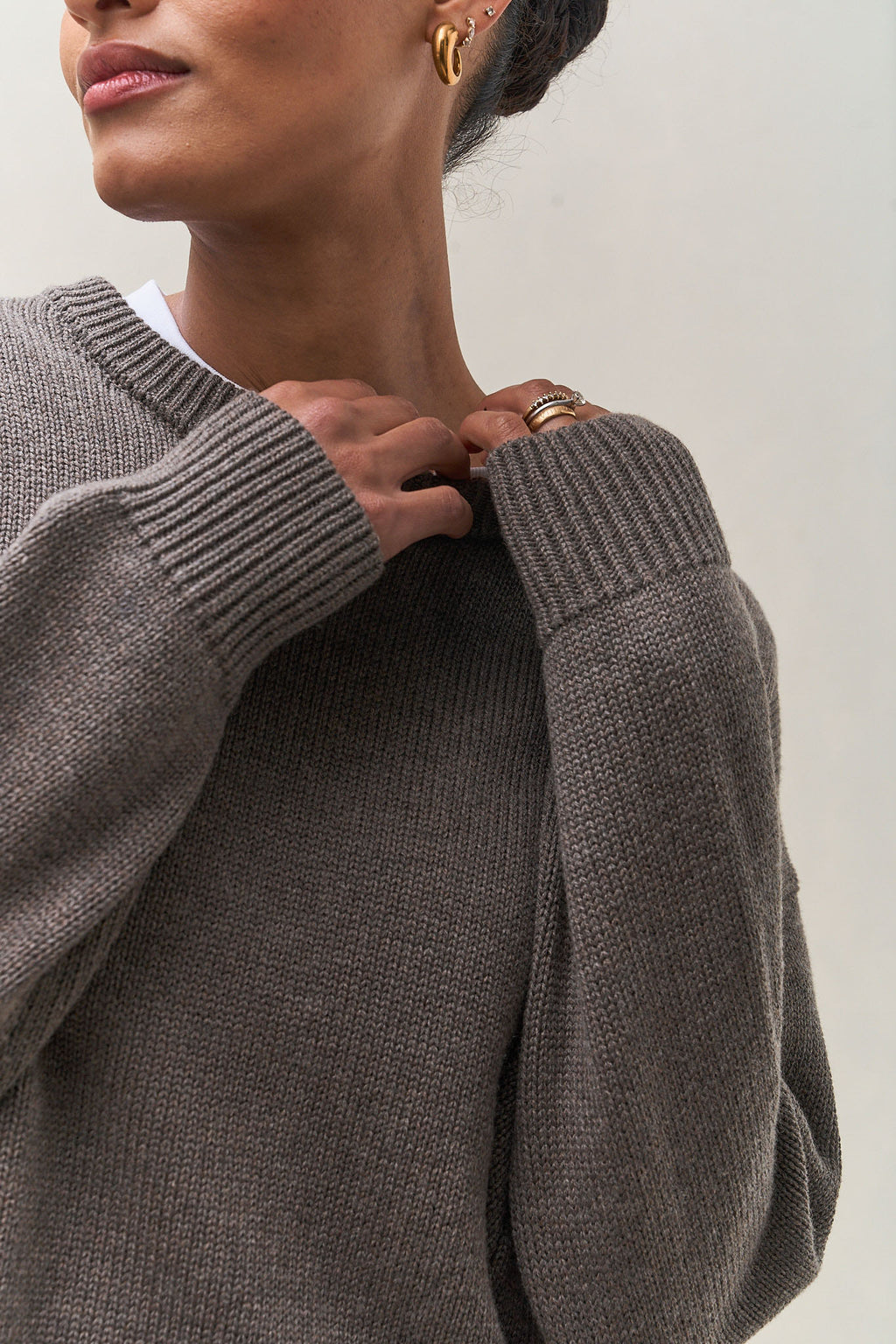 Merino Cotton Crew Jumper - Squirrel in soft knit combining merino wool and cotton with ribbed cuffs and neckline for a cozy fit.