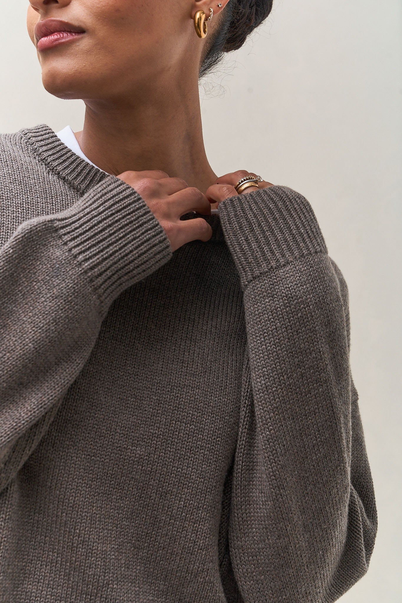 Merino Cotton Crew Jumper - Squirrel in soft knit combining merino wool and cotton with ribbed cuffs and neckline for a cozy fit.