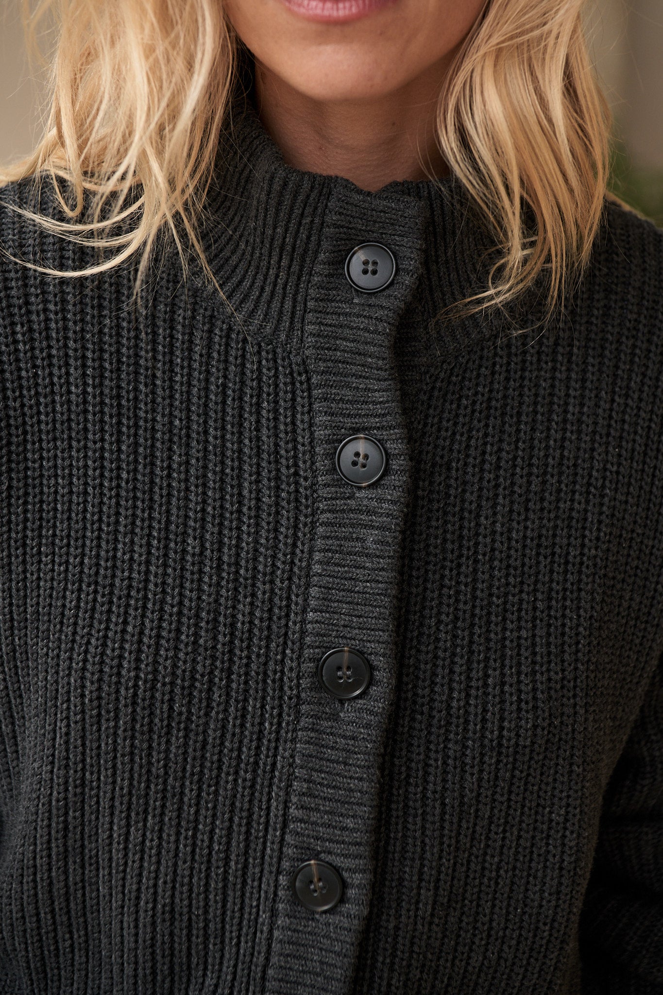 Chunky Cotton Cardigan in charcoal grey cotton with large buttons and a textured knit for a cozy, laid-back vibe.