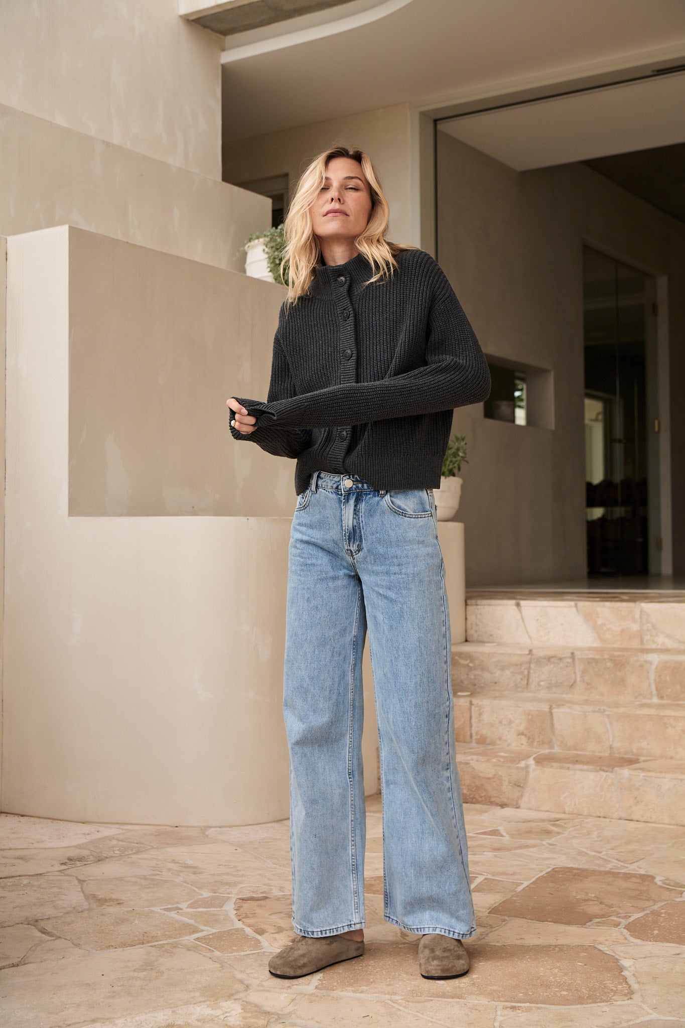 Chunky Cotton Cardigan in charcoal black cotton with a classic button-up front and a relaxed silhouette for easy layering.