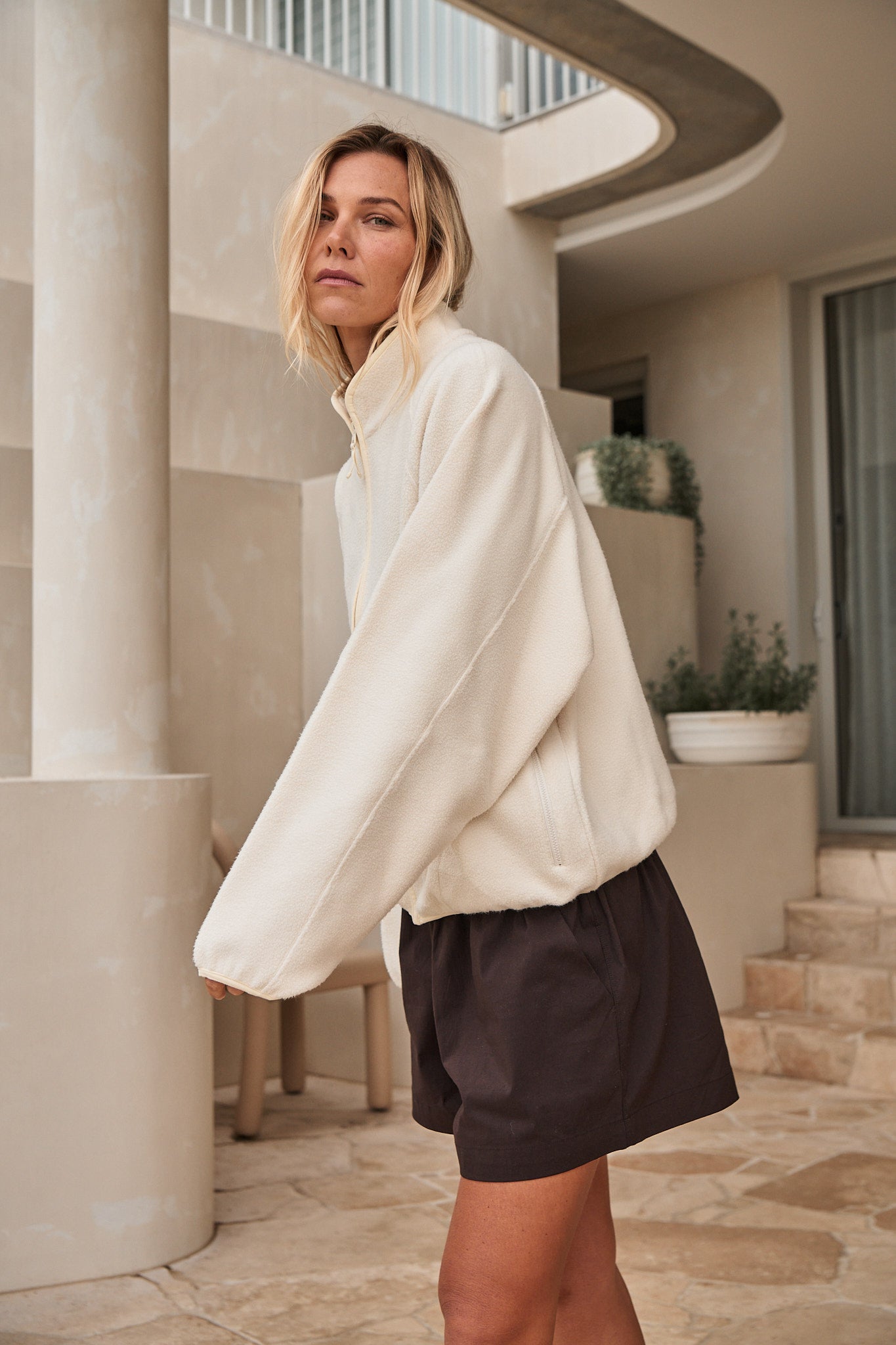 Fleece Zip Sweat - Bone in soft mid-weight fleece with stand collar and subtle bind detailing for a relaxed, casual vibe.