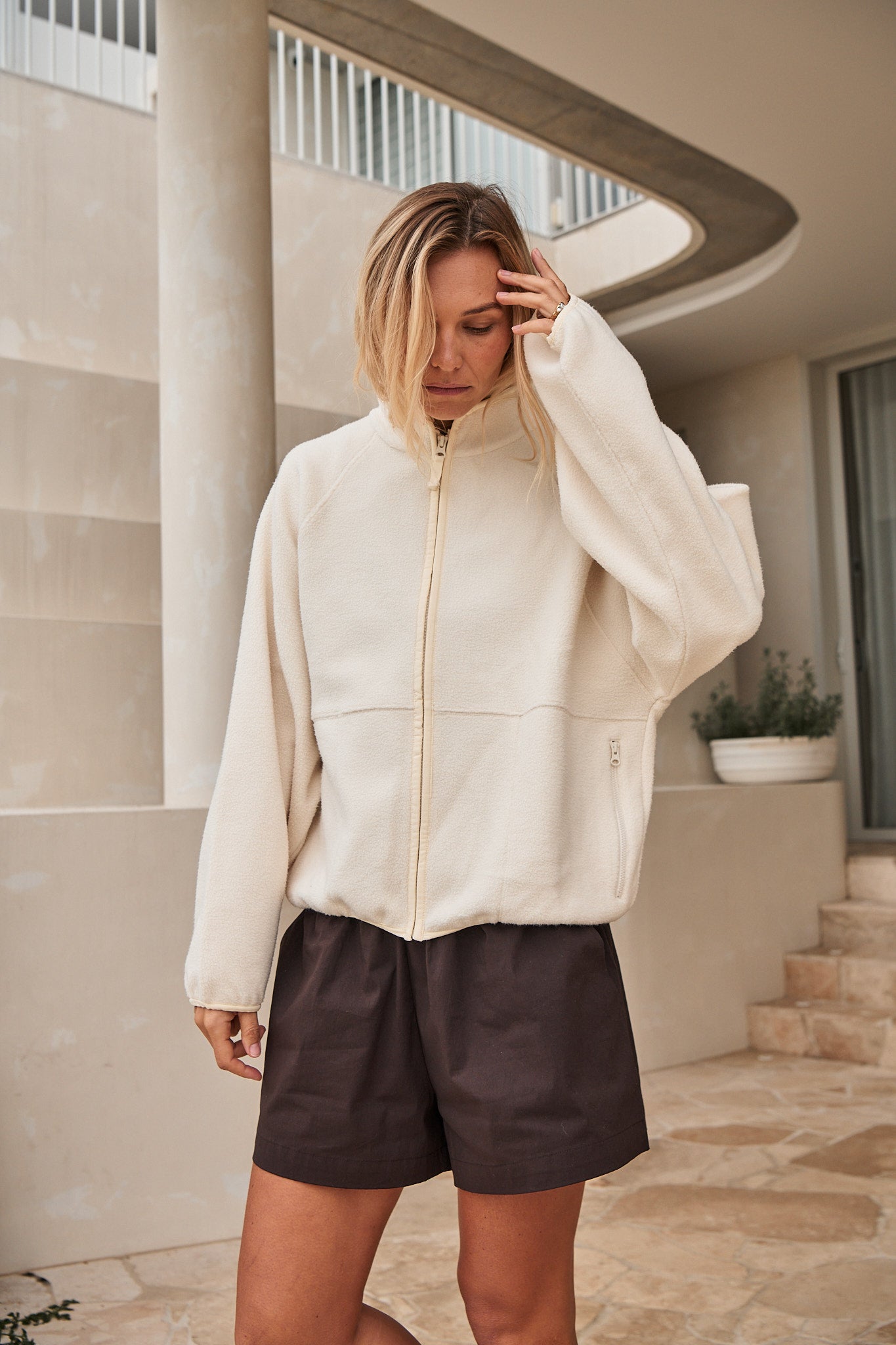 Nylon Track Short - Chocolate in stretch cotton-nylon fabric with an elastic waist for comfortable casual layering.