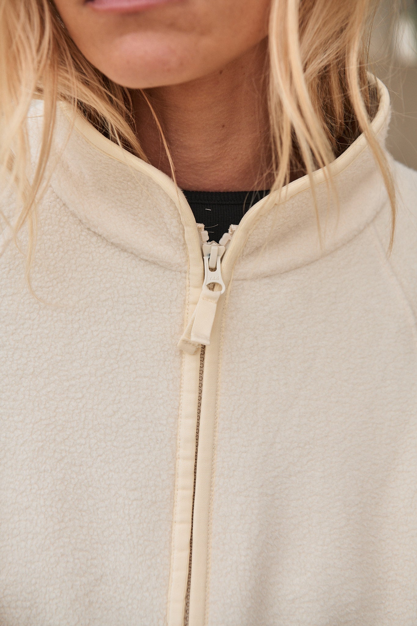 Fleece Zip Sweat - Bone in a mid-weight warm fleece with a stand collar and neat bind detailing for a laid-back, cozy vibe.