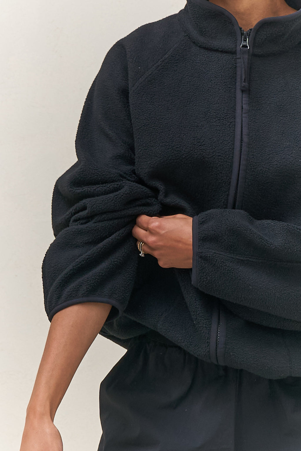 Fleece Zip Sweat - Black in mid-weight fleece with a stand collar and bind detailing, perfect for womens casual clothes.