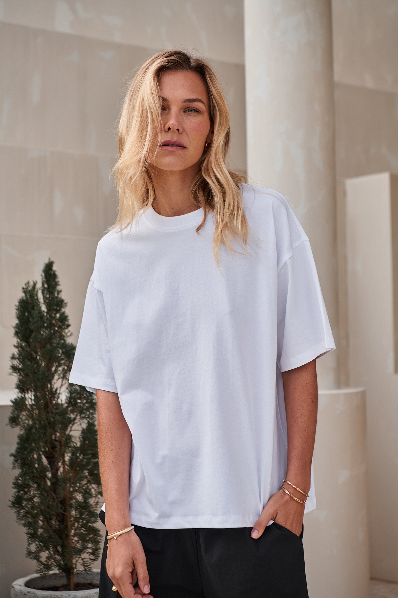 Relaxed Crew T Shirt - White in mid-weight cotton with a boxy fit that holds its shape over time for easy everyday wear.