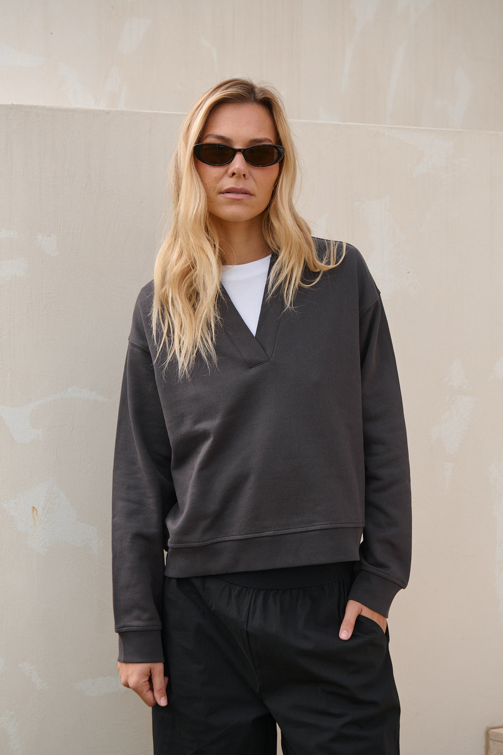 Cotton Polo Sweat - Charcoal in soft cotton with a structured polo collar and clean seams for easy womens casual clothes.