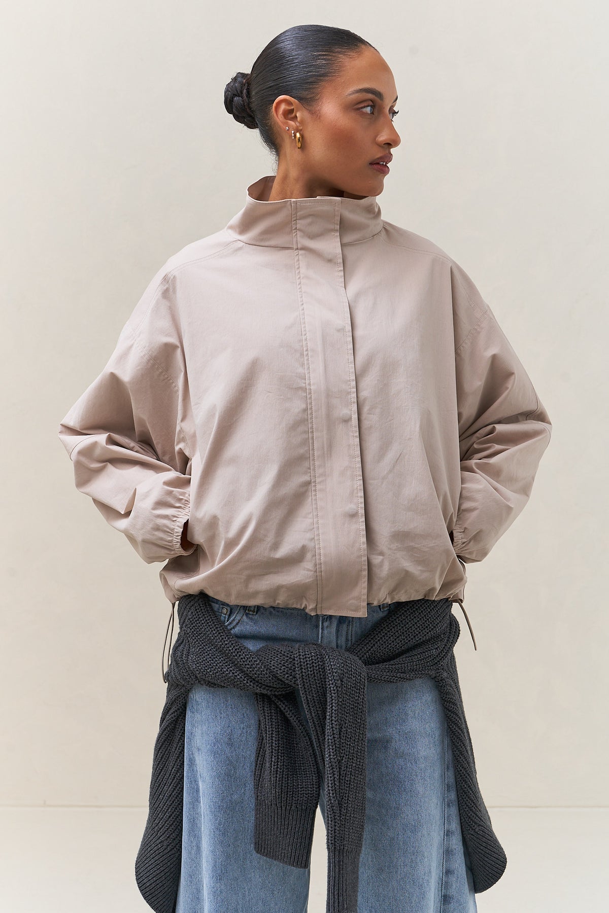 Nylon Track Jacket - Bone, lightweight bone nylon track jacket with a stand collar and adjustable hem