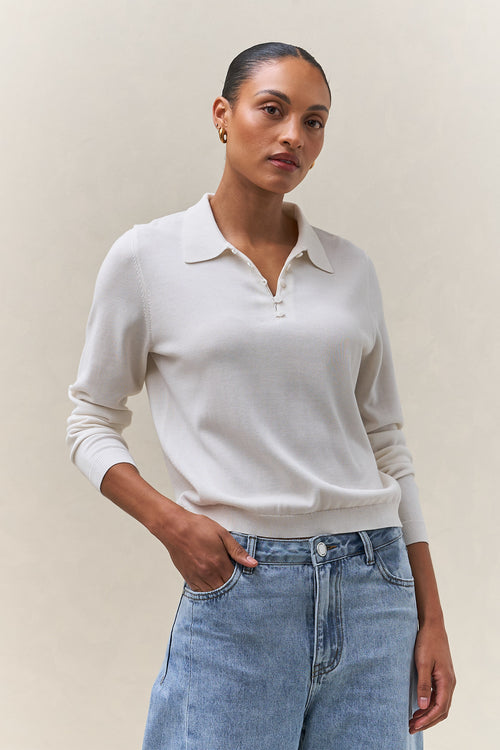 Silk Blend Knit Polo Top - Ivory with a soft collar and button placket, made from a smooth silk blend knit fabric for a laid-back, polished look.