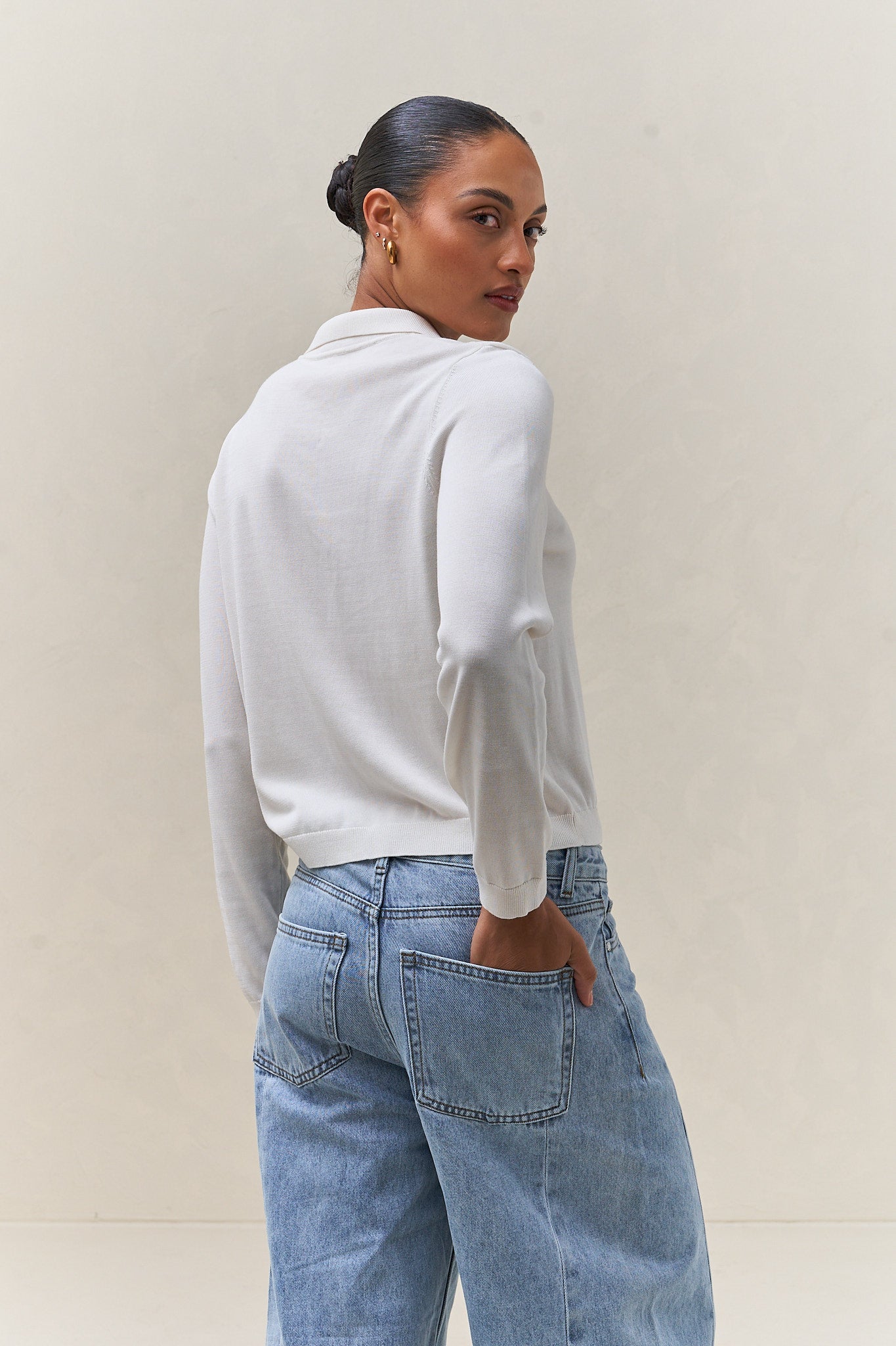 Silk Blend Knit Polo Top - Ivory in a soft knit fabric with a relaxed fit and classic collar for a clean, effortless look.