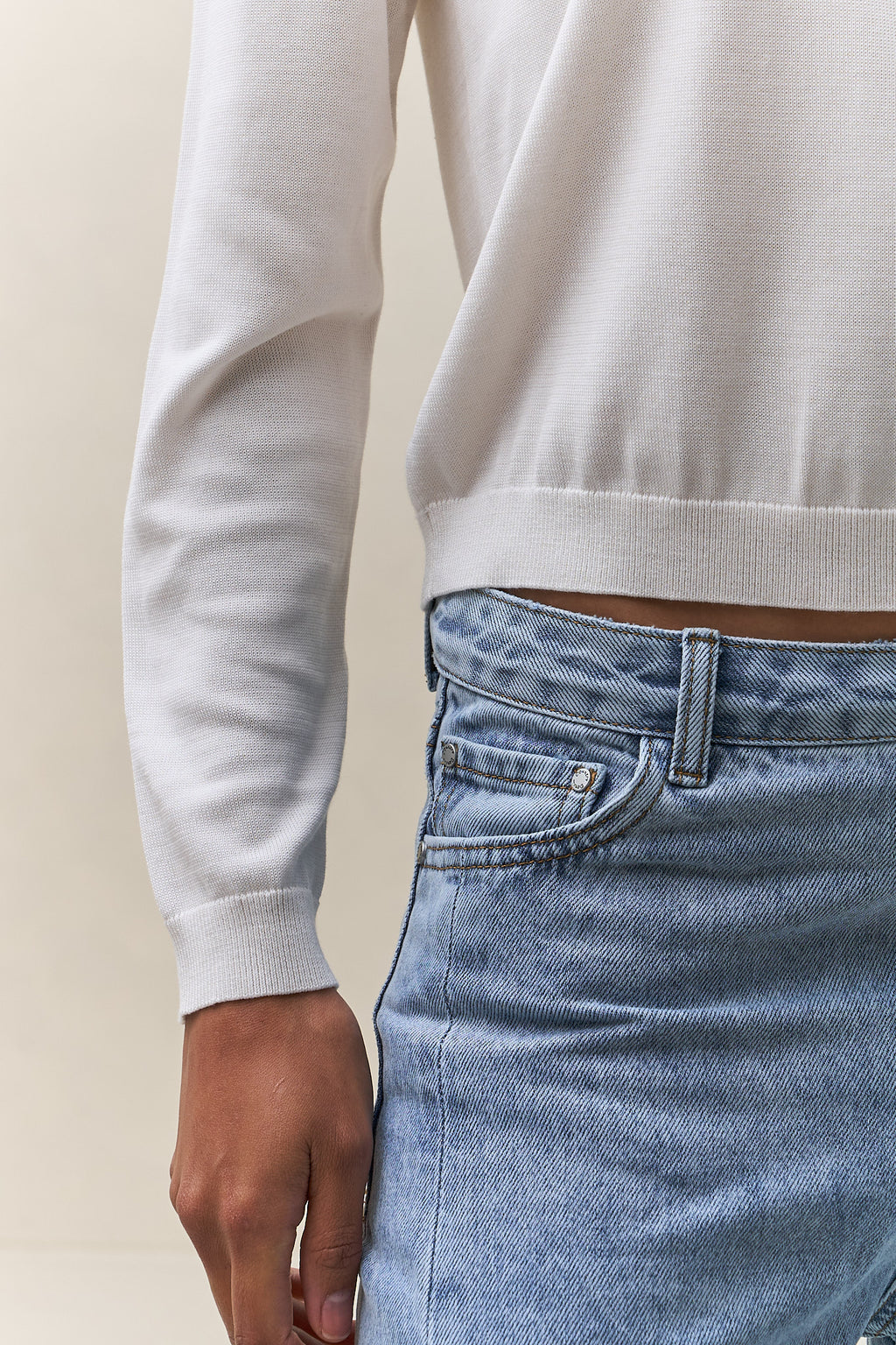 Silk Blend Knit Polo Top - Ivory in a soft knit fabric with long sleeves and a subtle ribbed hem for a relaxed fit.