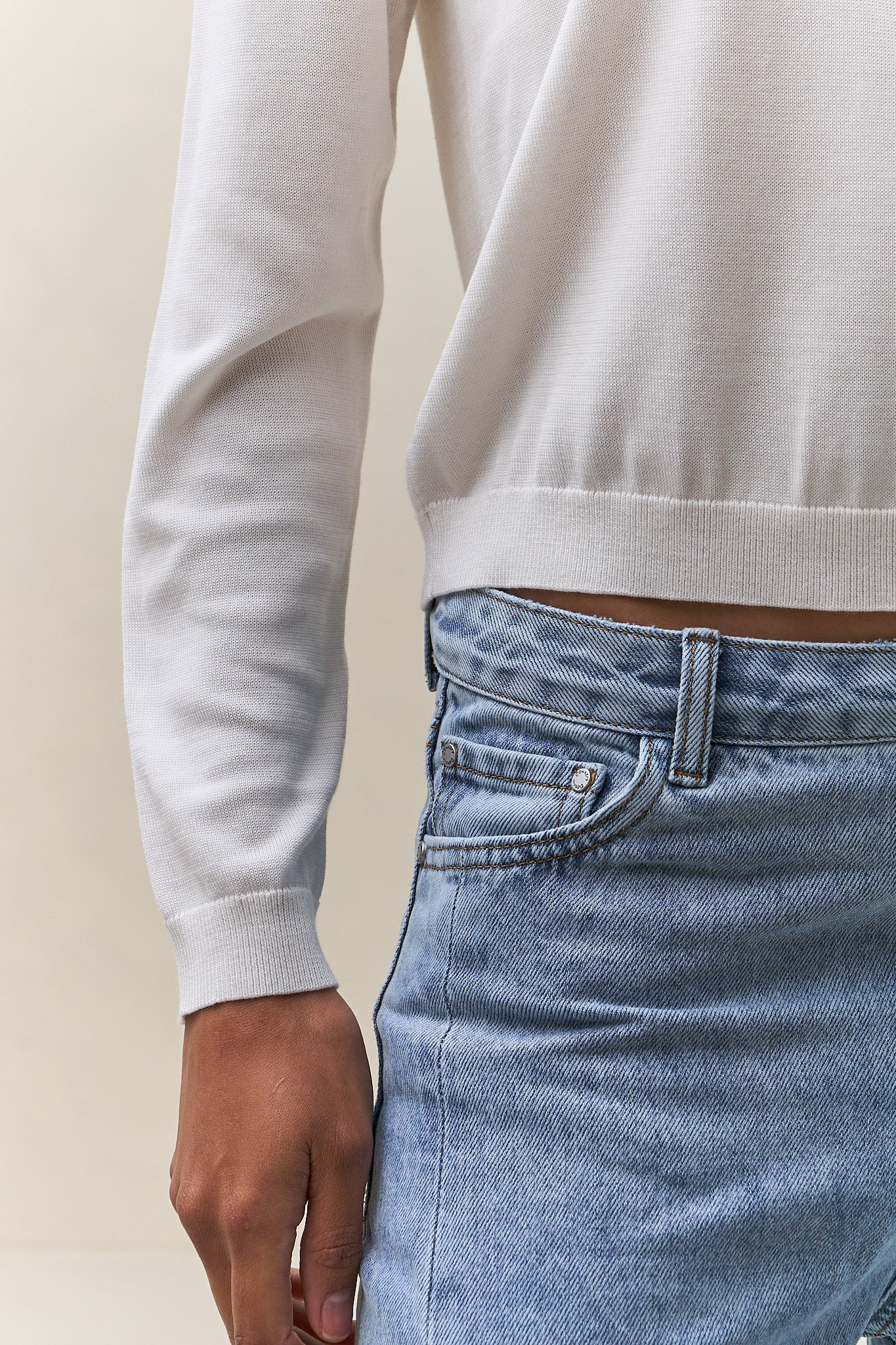 Silk Blend Knit Polo Top - Ivory in a soft knit fabric with long sleeves and a subtle ribbed hem for a relaxed fit.