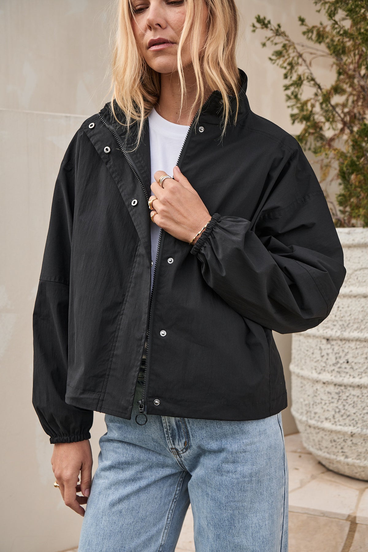 Nylon Track Jacket - Black, lightweight nylon track jacket with a stand collar and adjustable hem and waist