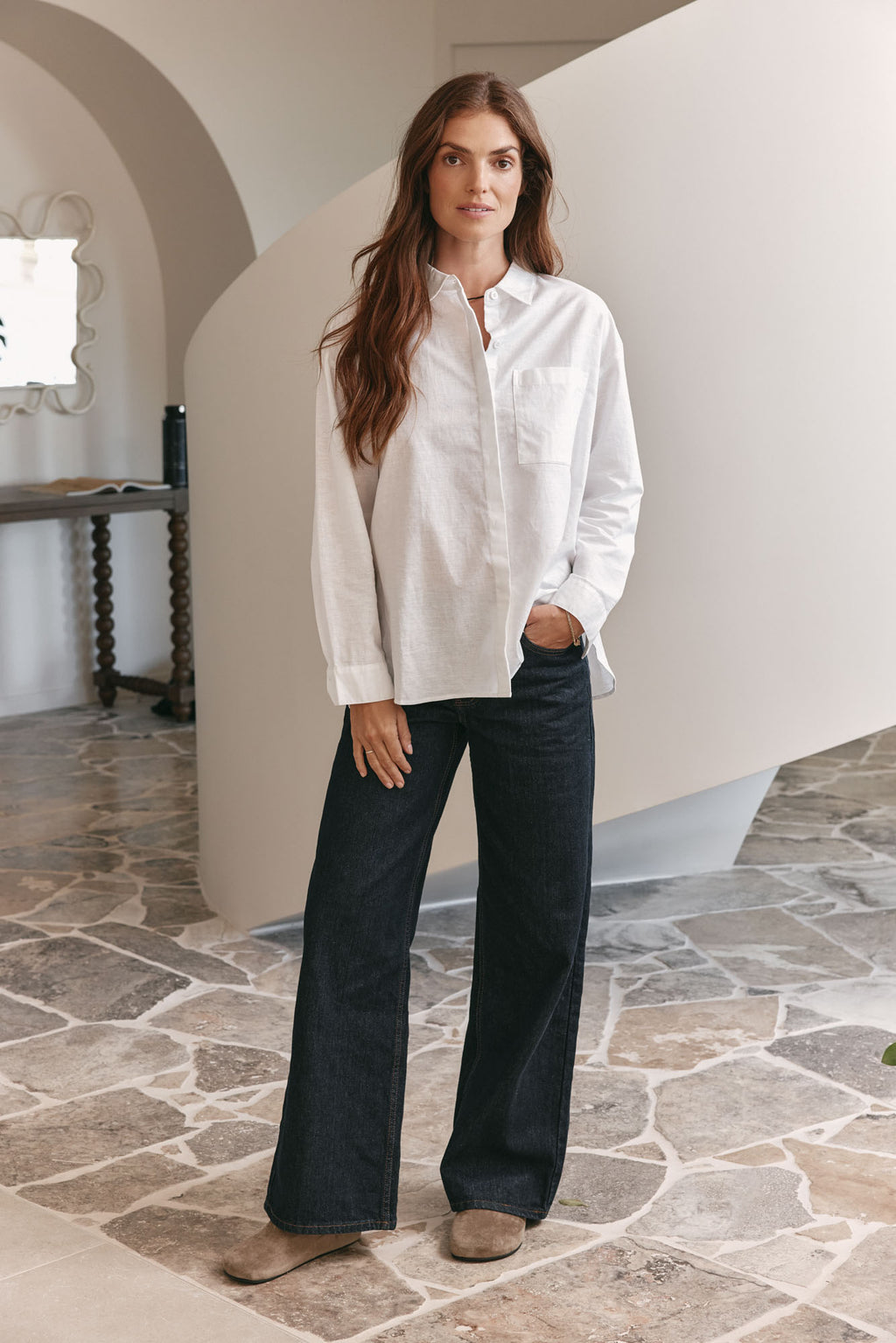 Mid Rise Wide Leg Jean - Indigo made from rigid denim with a fitted waist and hip and a clean wide leg silhouette for a sharp look.