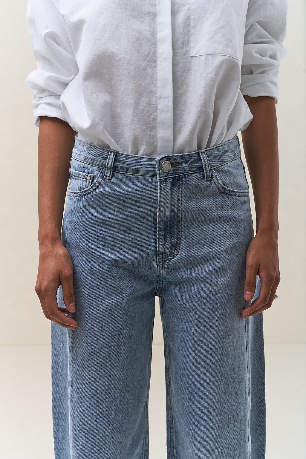 Mid Rise Barrel Jean - Light Blue in soft denim with a relaxed fit and a mid-rise waist for easy everyday wear.