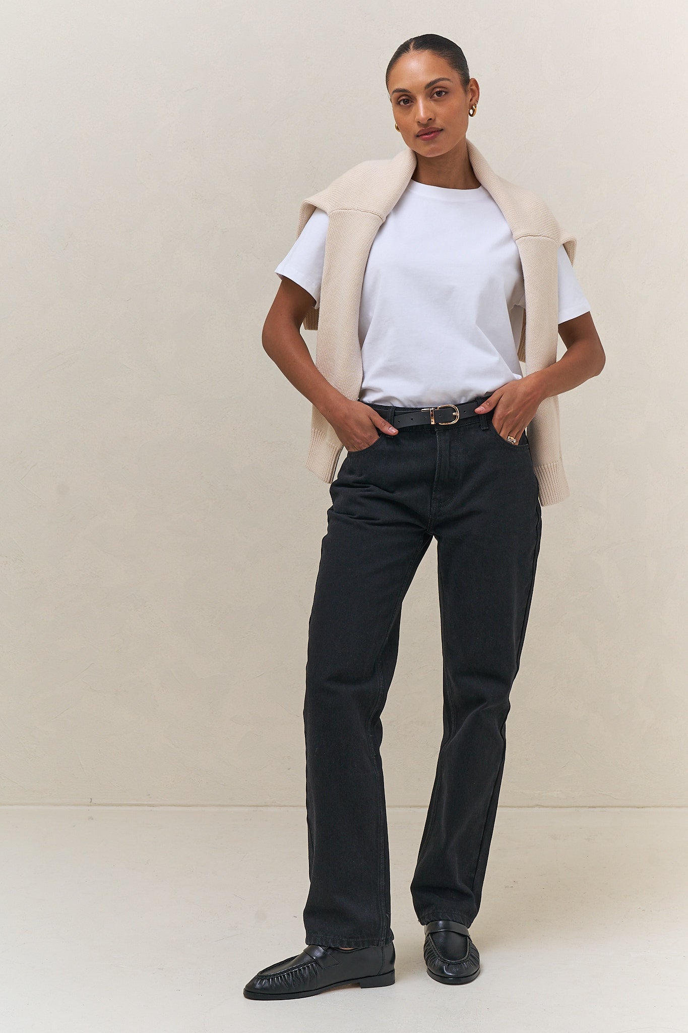 Mid Rise Straight Jean - Black in firm denim with a slim, straight leg that holds its shape wear after wear.