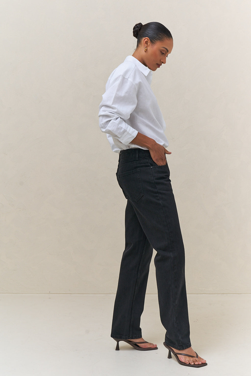 Mid Rise Straight Jean - Black in firm denim with a slim, straight leg that holds its shape wear after wear.