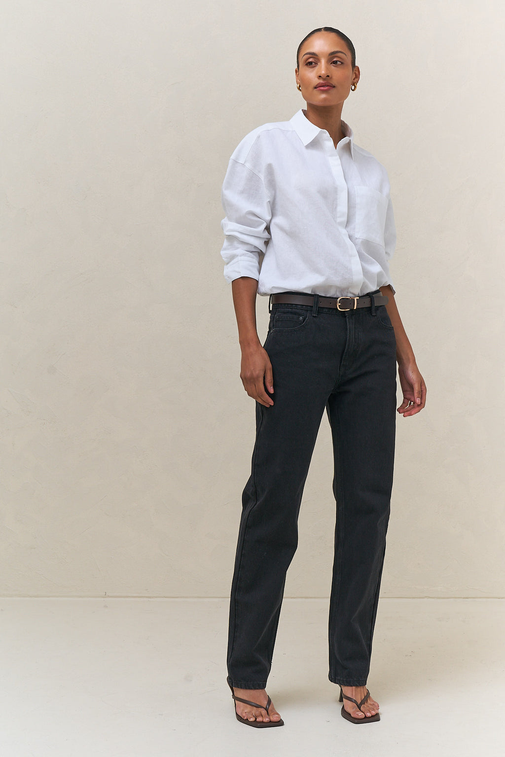 Mid Rise Straight Jean - Black in firm denim with a slim, straight cut that holds its shape wear after wear.