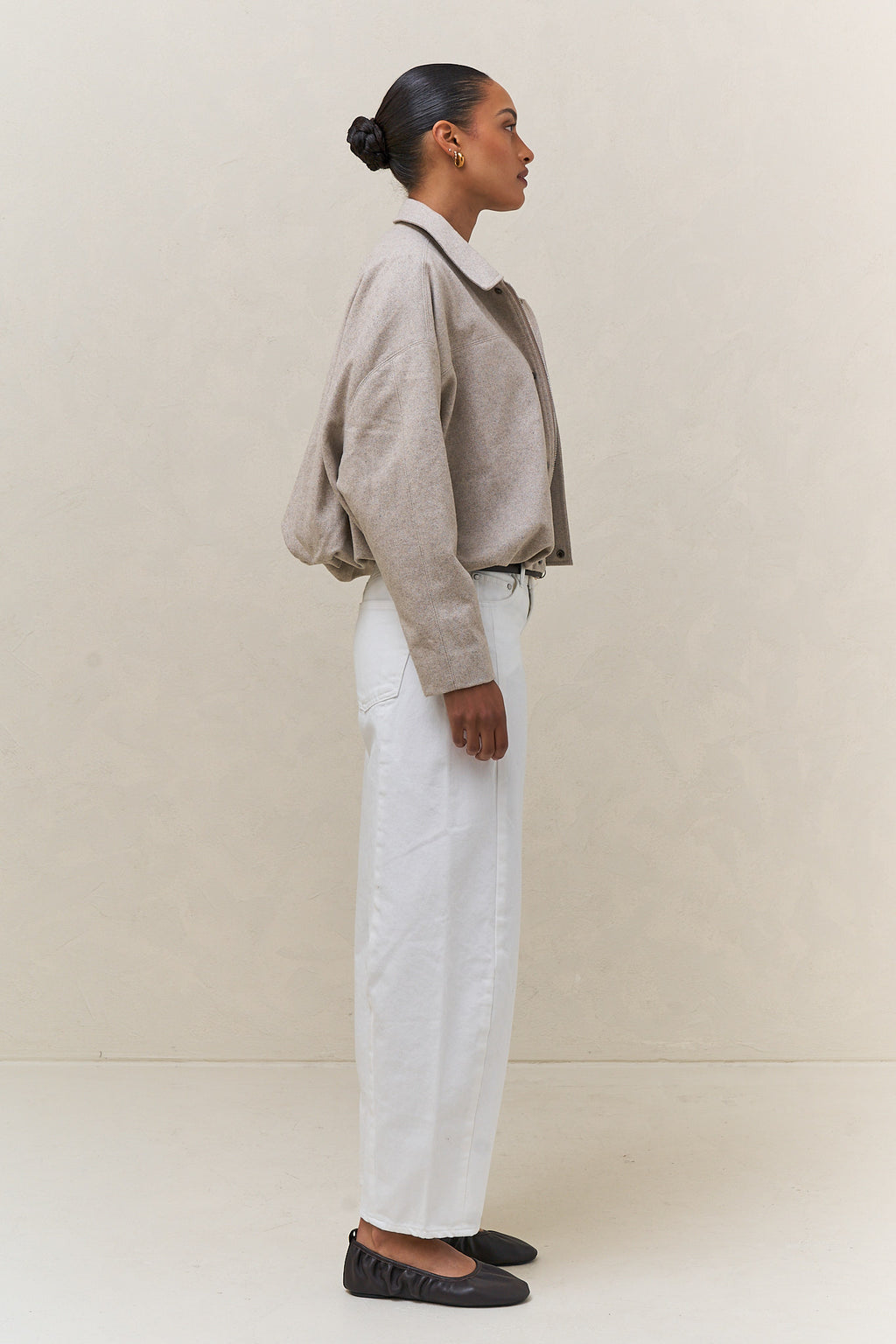 Crop Zip Wool Jacket - Sandstone in textured herringbone wool with a relaxed cropped fit and casual silhouette.