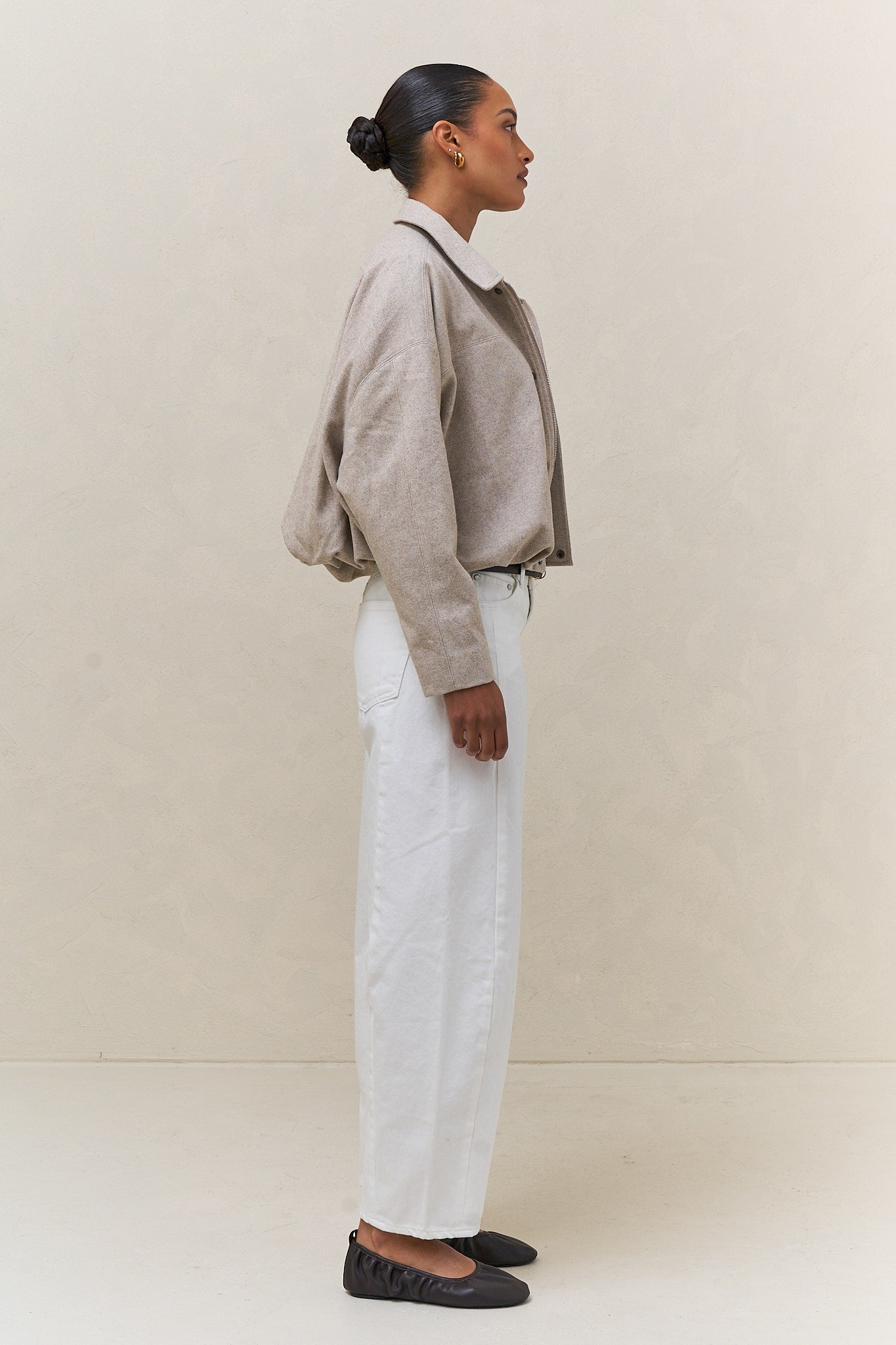 Crop Zip Wool Jacket - Sandstone in textured herringbone wool with a relaxed cropped fit and casual silhouette.