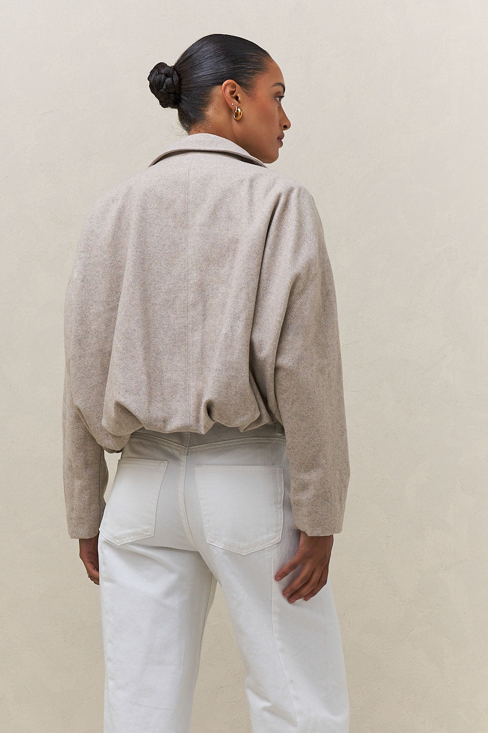 Crop Zip Wool Jacket - Sandstone in textured herringbone wool with a relaxed fit and cropped length for a laid-back vibe.