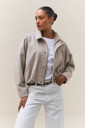 Crop Zip Wool Jacket - Sandstone in textured herringbone wool with a relaxed fit and snap button front for casual layering.