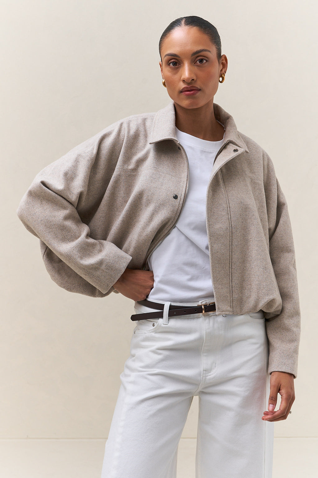 Crop Zip Wool Jacket - Sandstone in textured herringbone wool with a relaxed fit and zip front closure for a laid-back vibe.