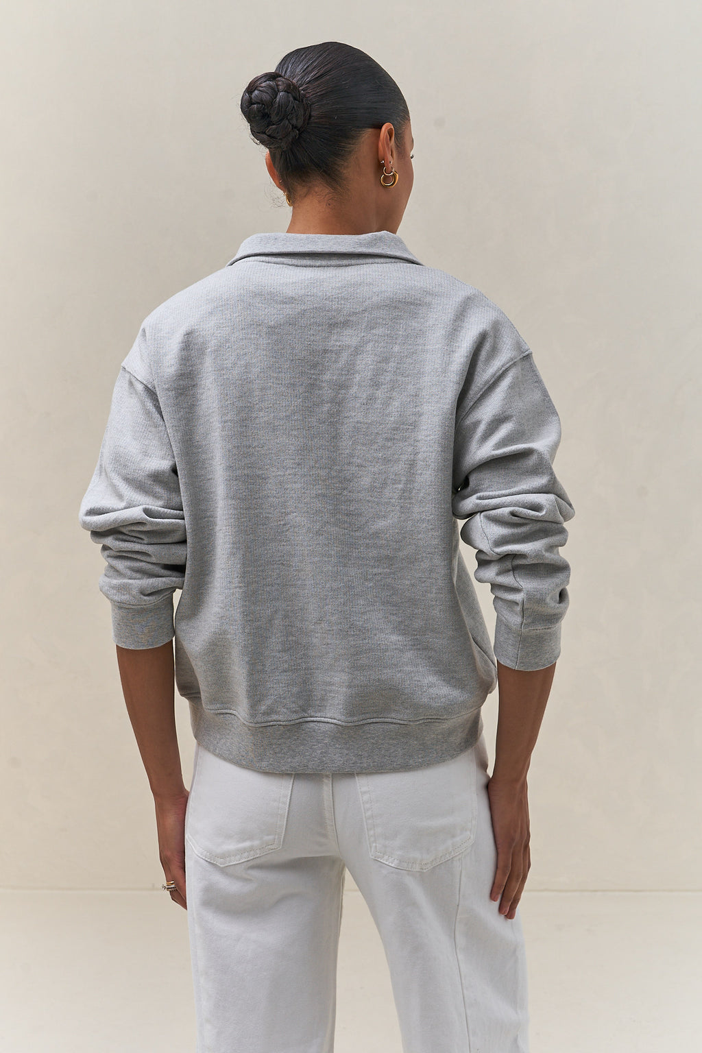 grey cotton polo sweat with a relaxed fit and structured collar, made from soft cotton for a laid-back feel