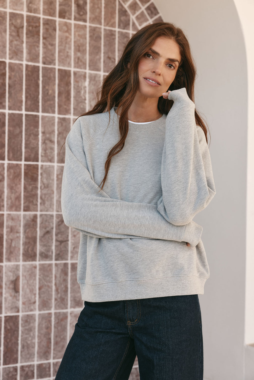 Basic Crew Sweat - Grey Marle in a soft cotton blend with relaxed proportions and classic crew neckline for easy everyday wear.