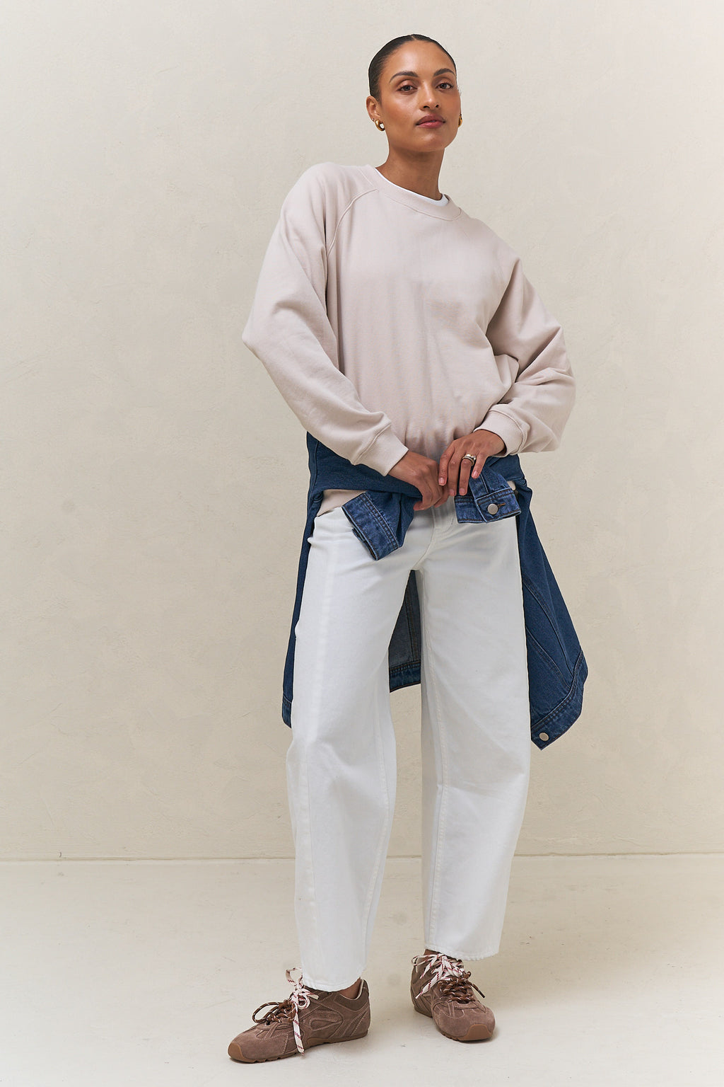 Basic Crew Sweat - Stone in a relaxed fit with soft fabric, offering a laid-back and comfortable womens casual clothes option.