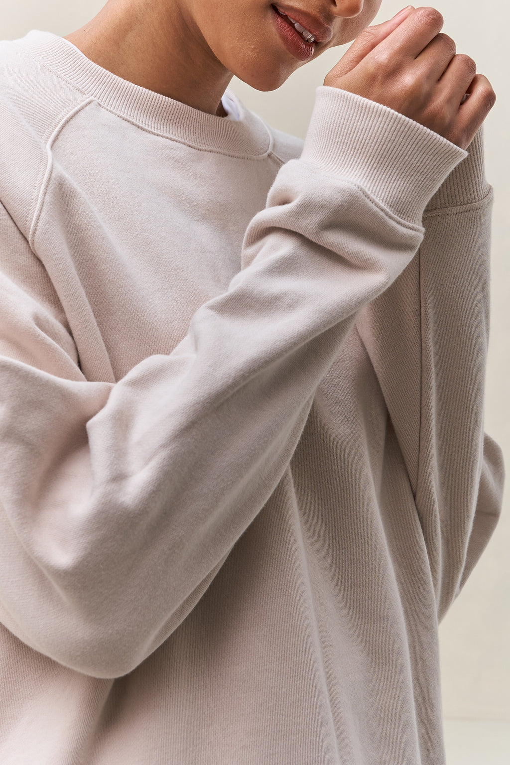 Basic Crew Sweat - Stone in a soft cotton blend with a relaxed fit and ribbed crew neckline and cuffs for casual comfort.