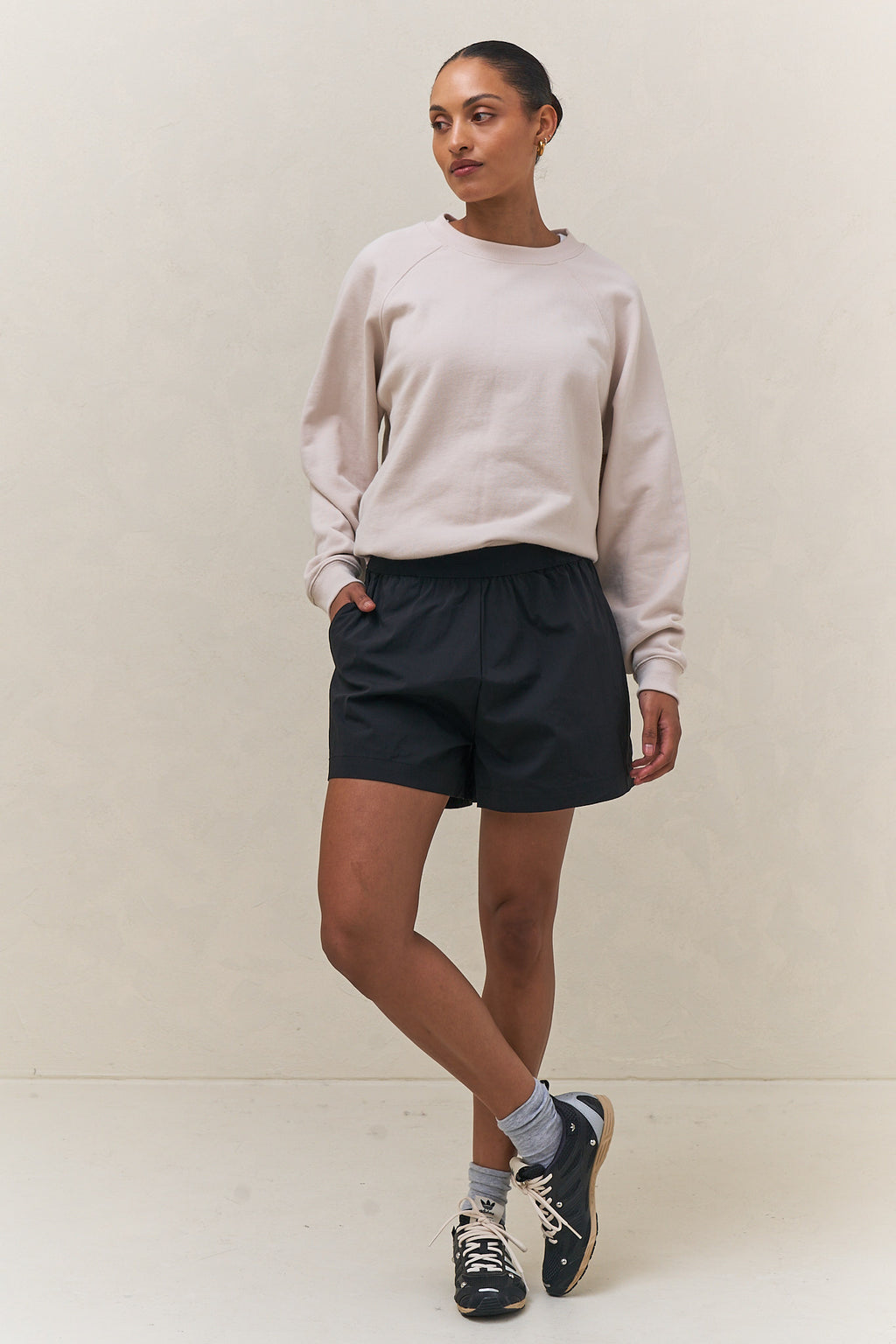 Basic Crew Sweat - Stone in soft cotton with a relaxed fit and classic crew neckline for easy layering.
