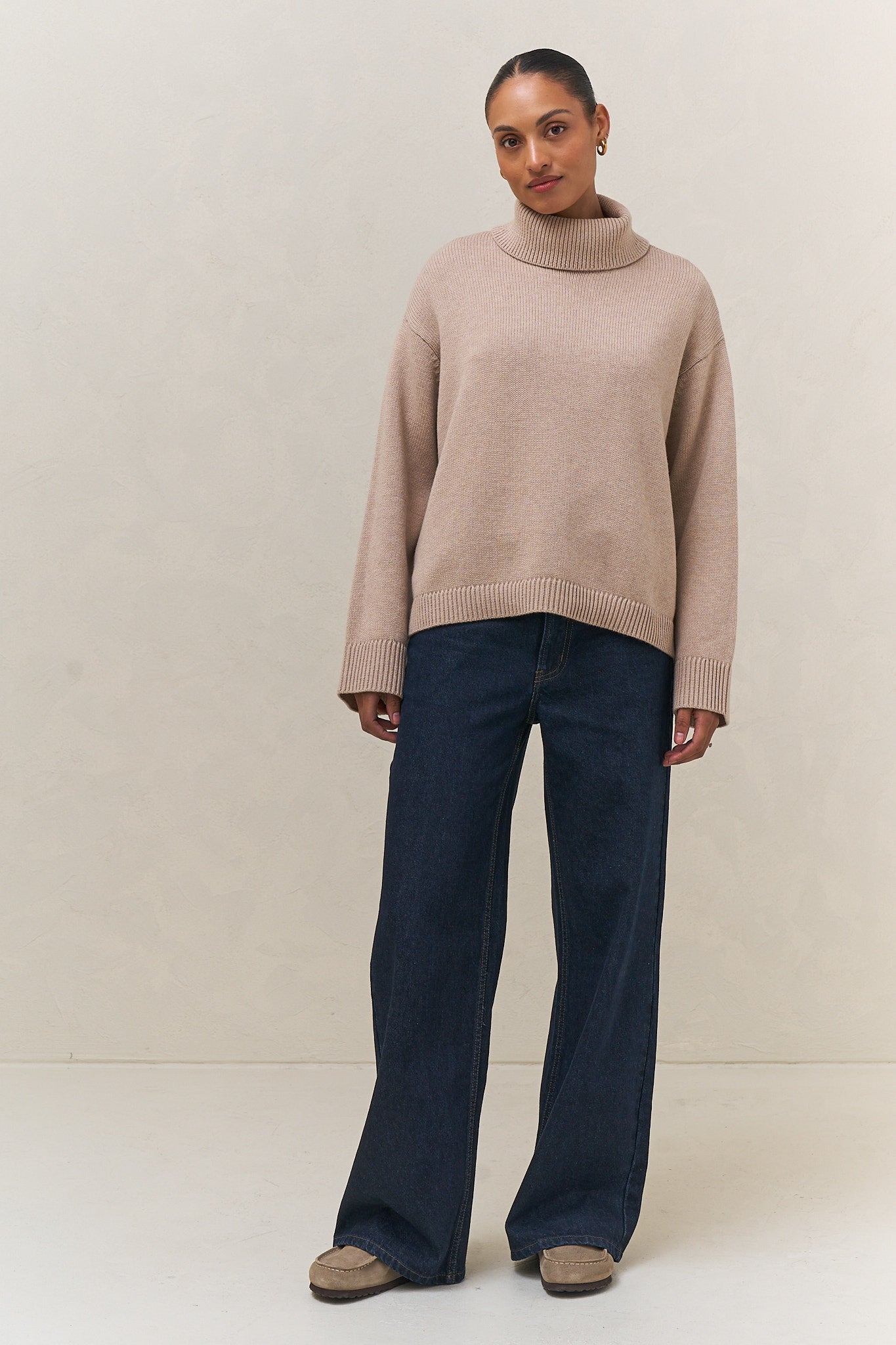 Mid Rise Wide Leg Jean - Indigo in rigid denim with a fitted waist and hip, falling into a clean wide leg for a sharp silhouette.
