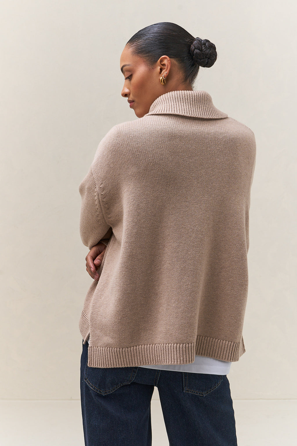 Merino Cotton Roll Neck Jumper - Suede in soft knit fabric with a relaxed fit and a cozy roll neck collar.