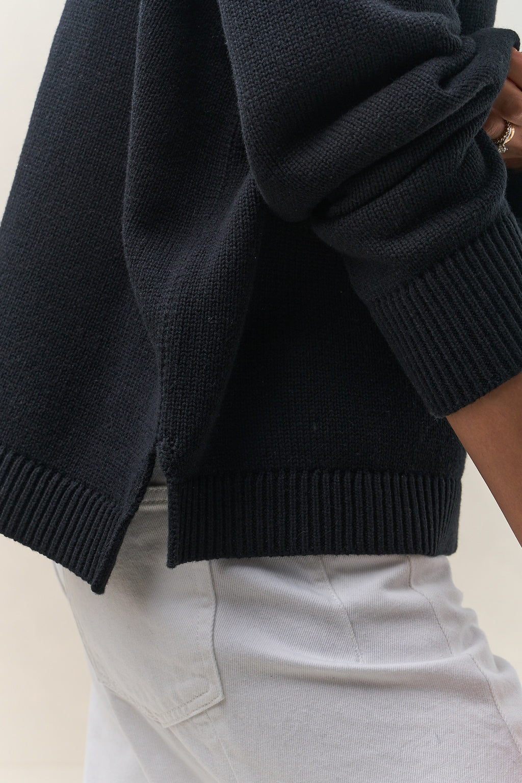 Merino Cotton Roll Neck Jumper - Black in soft knit fabric with ribbed cuffs and hem for a relaxed, comfortable fit.