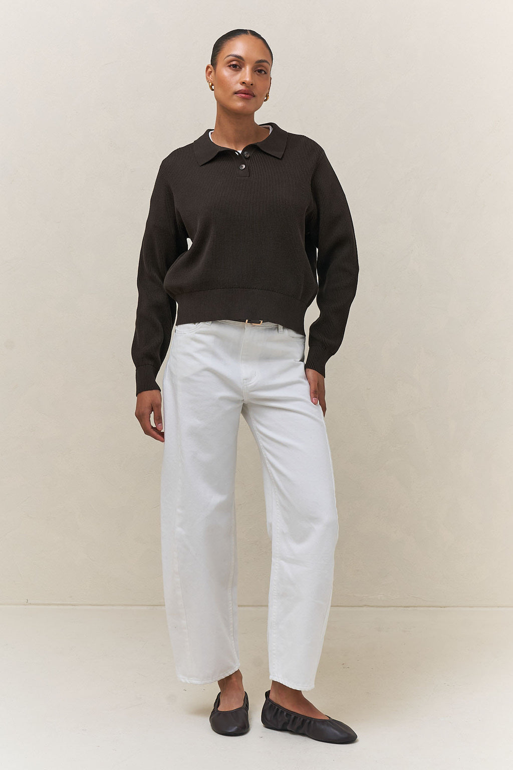 Cotton Knit Polo Jumper in deep brown cotton knit with a clean ribbed polo collar and relaxed fit for womens casual clothes.