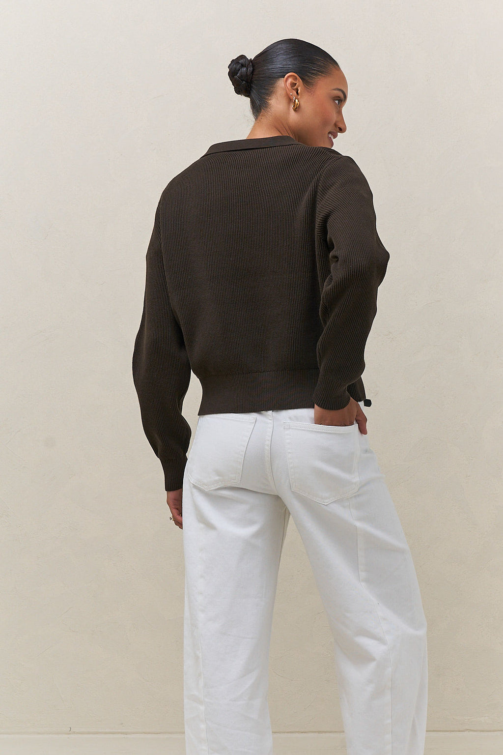 Cotton Knit Polo Jumper in dark brown cotton knit with a clean ribbed polo collar, perfect for relaxed layering.